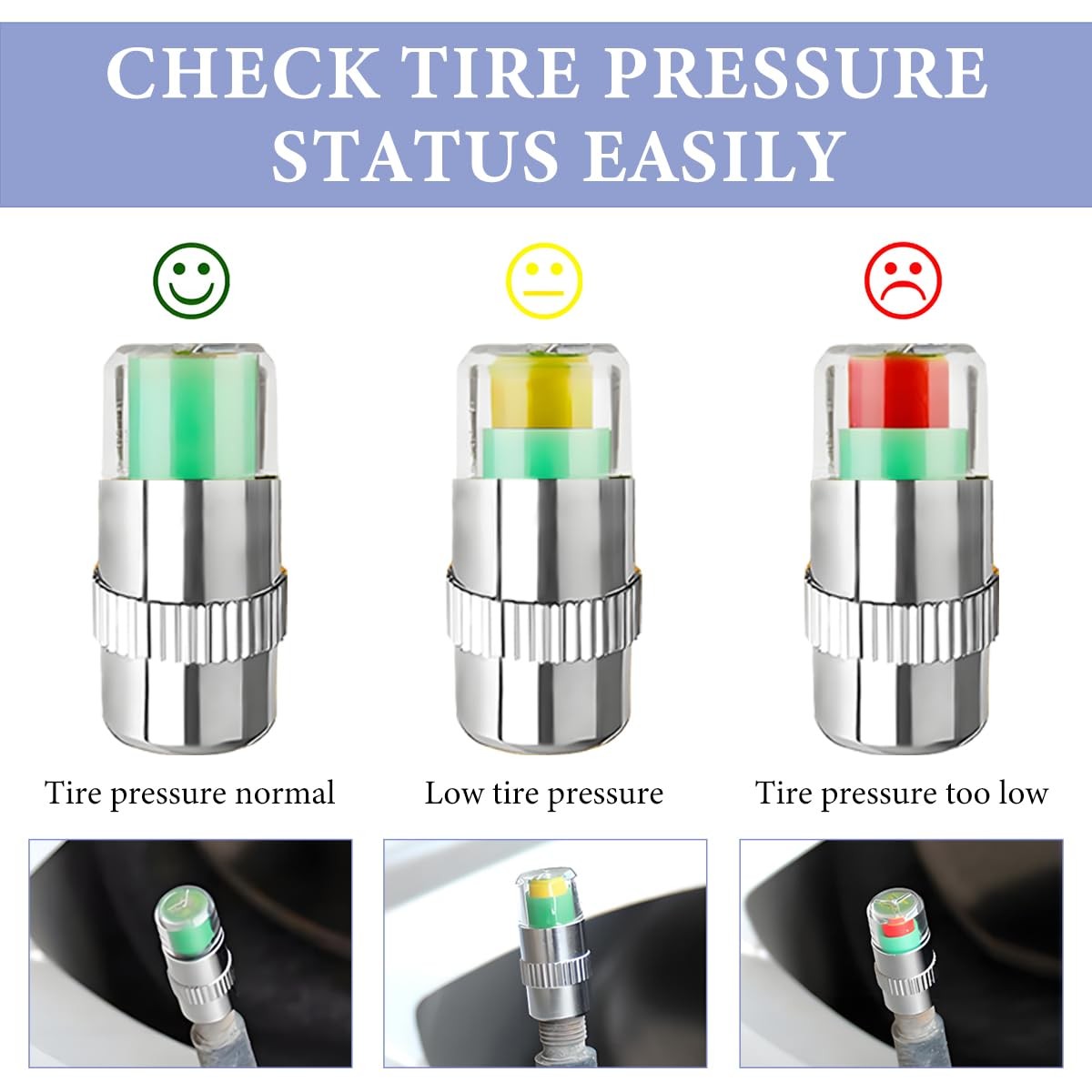 MUQIDA 4 PCS Tire Pressure Monitor Valve Stem Caps, 2.4Bar 36 4PCS, Silver