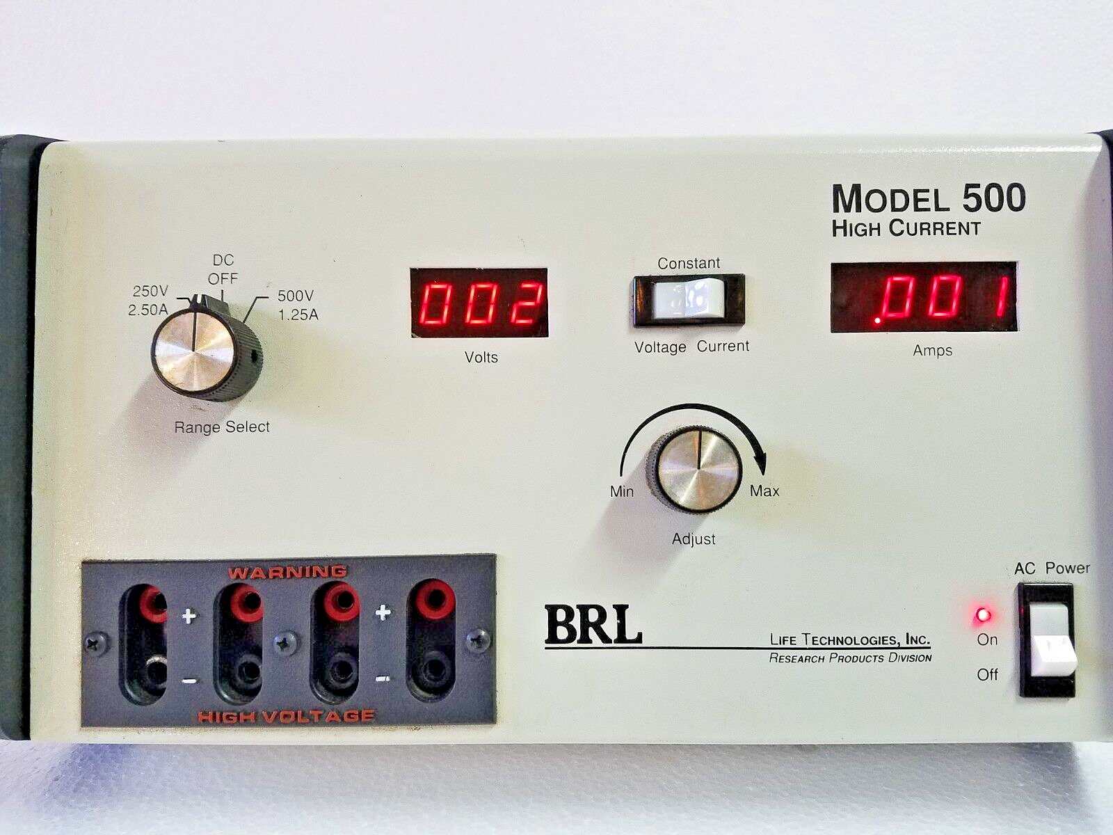 BRL MODEL 500 HIGH CURRENT POWER SUPPLY