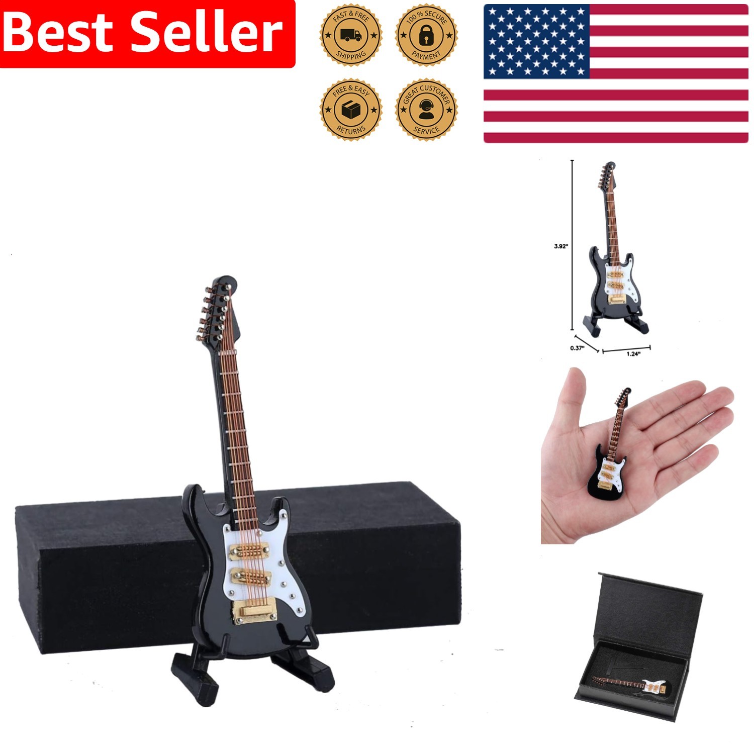 Black Wooden Miniature Electric Guitar Replica w/Stand & Case Collectible
