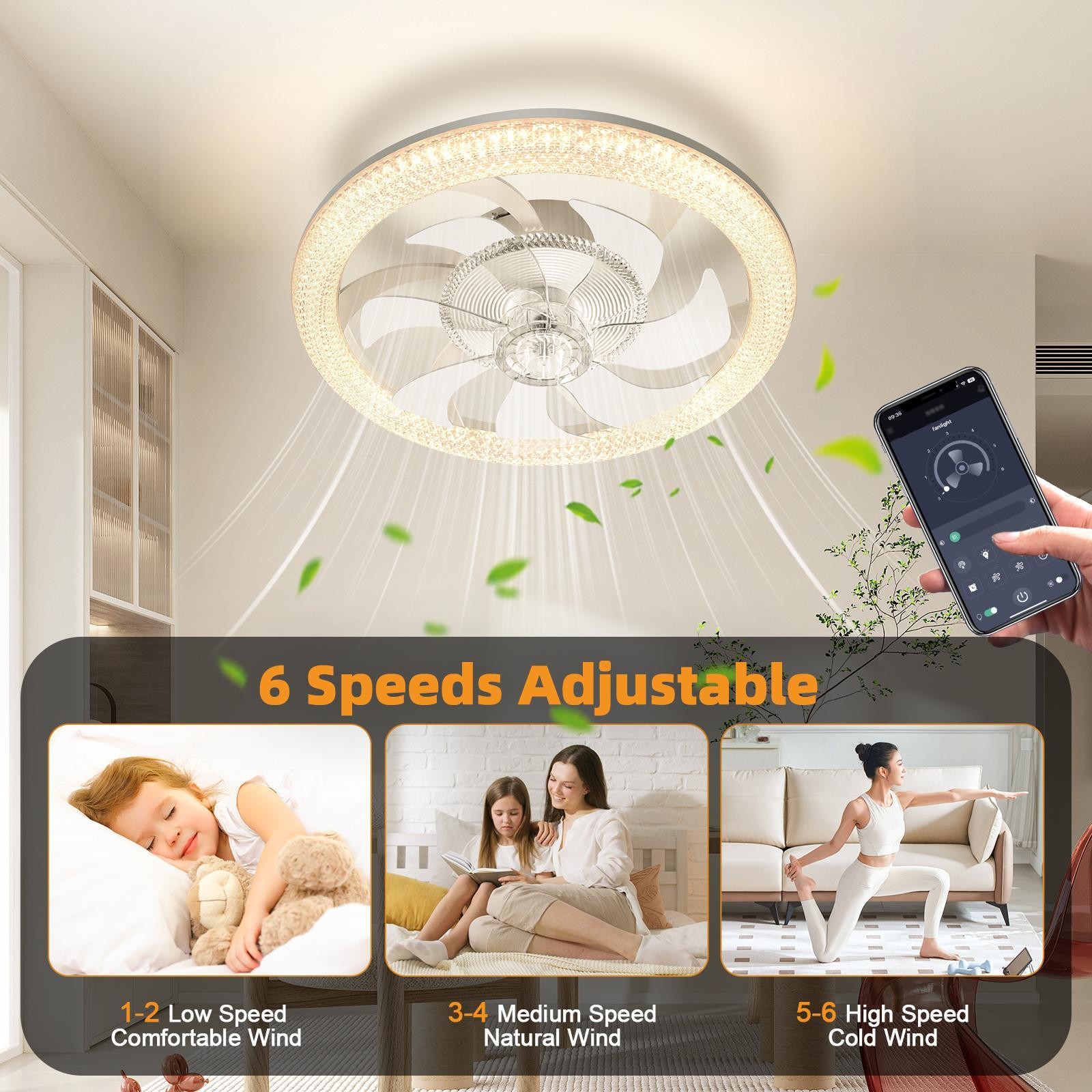 19 inch White Remote APP Control LED Ceiling Fan with Light Flush Mount Modern