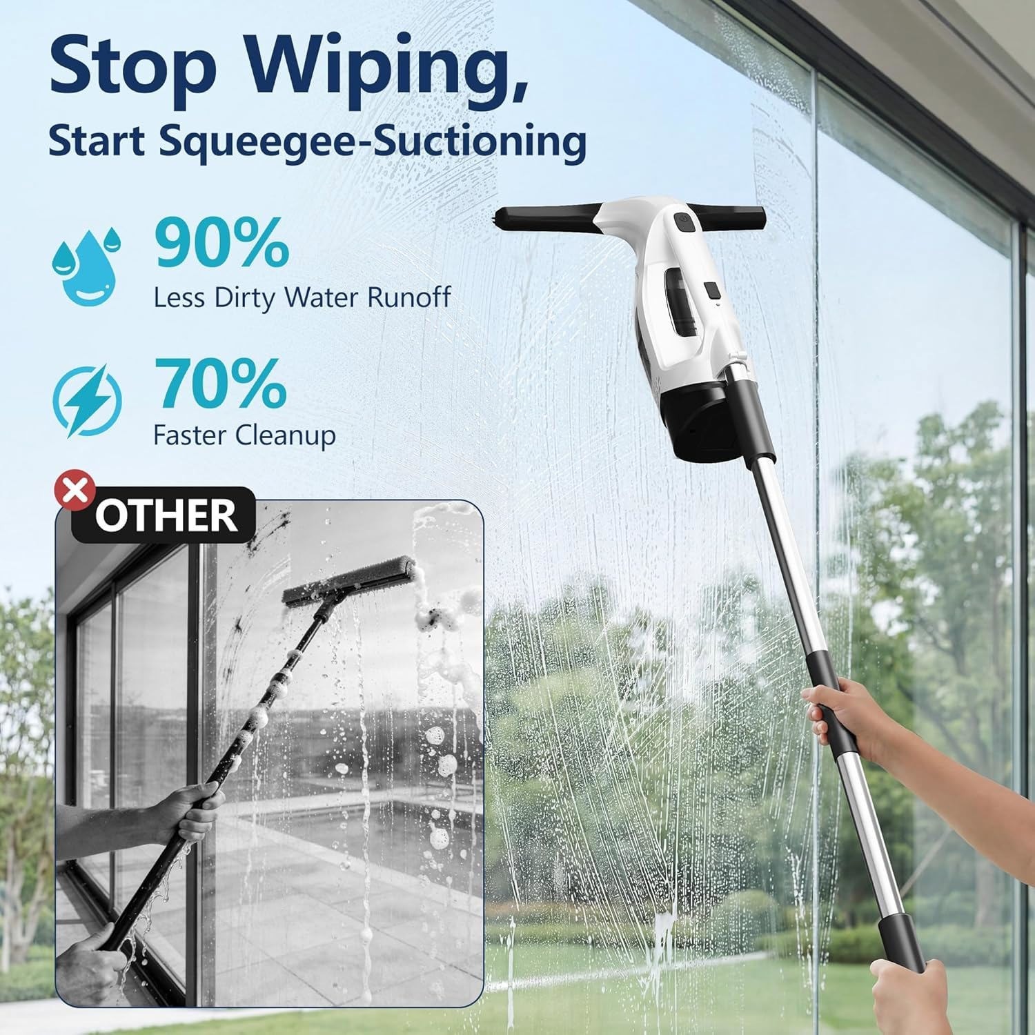 Window Vacuum Squeegee Cordless with Extension Pole,Electric Window Cleaner Tool