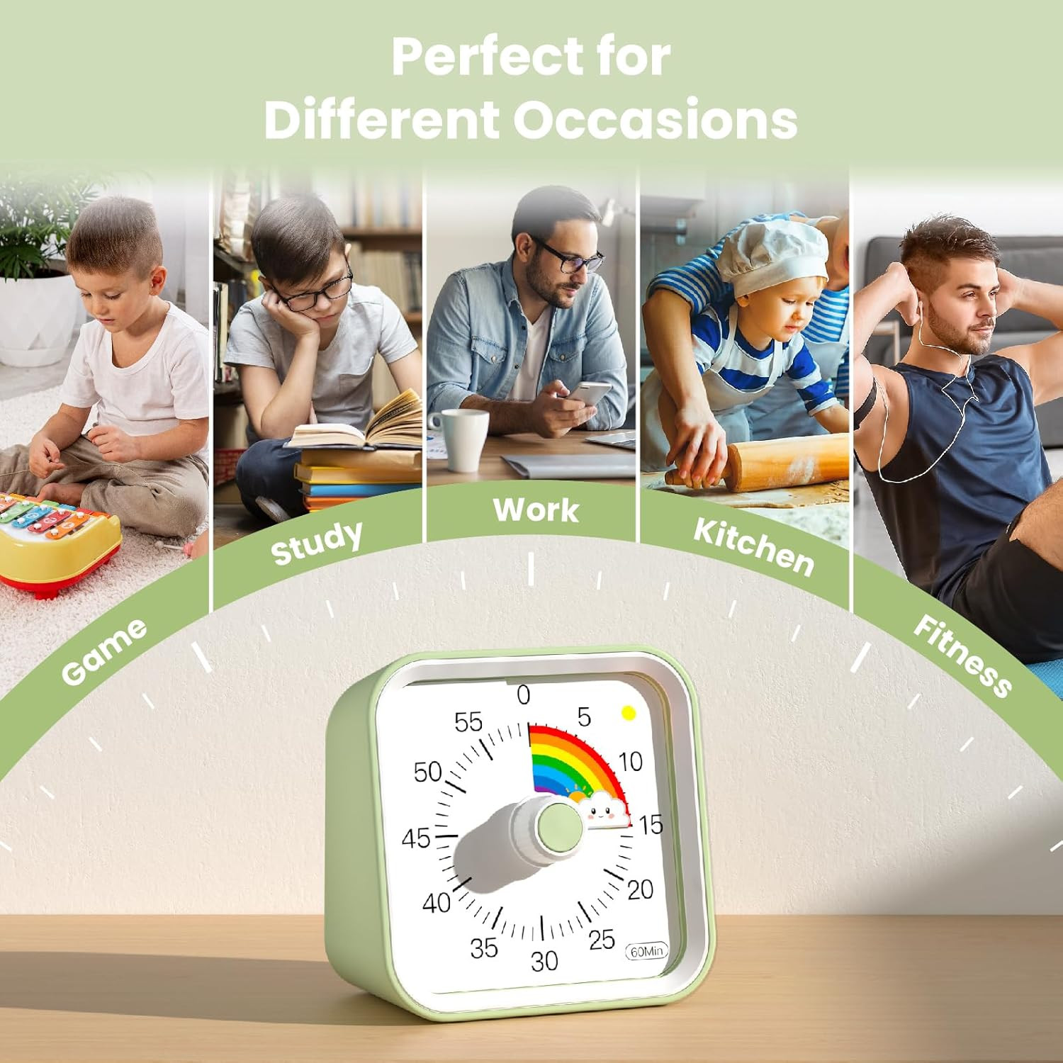 Visual Timer for Kids with Pause Function, Cute Silent Timer with Rainbow for Cl