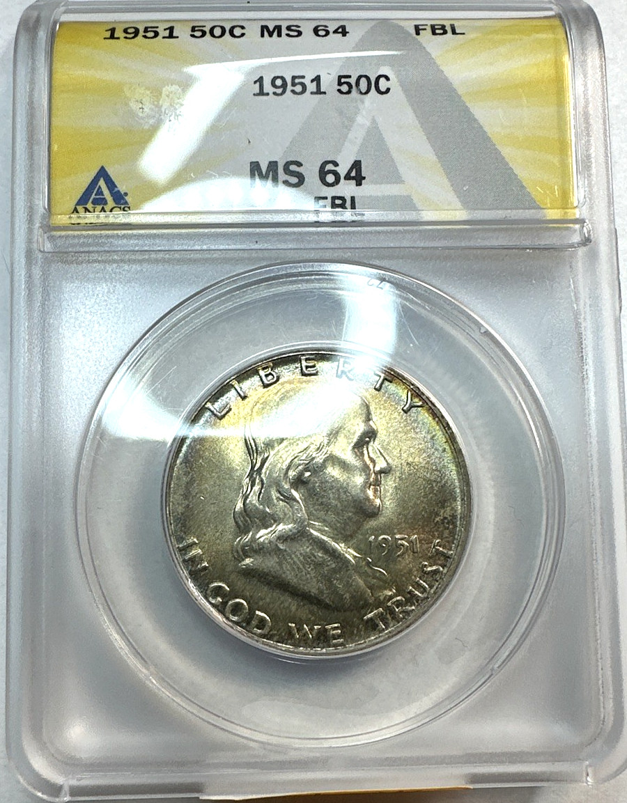 1951 Franklin Half Dollar ANACS MS-64 FBL Blue and Gold toning