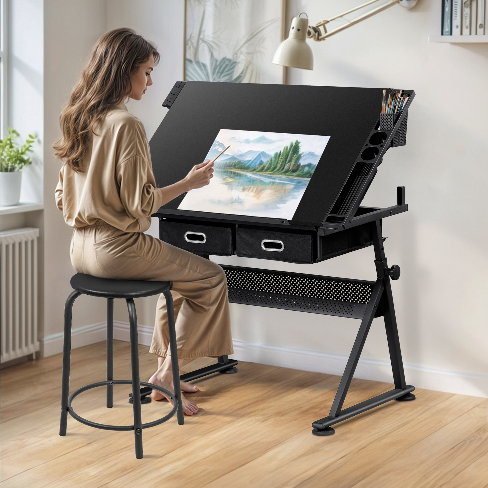 Black Drafting Table & Stool Se Adjustable Height W/ Drawers & Charge Station