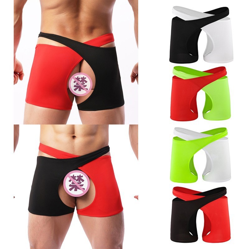 Mens Panties Assless Boxer Briefs Contrast Color Cutout Underwear Shorts Thongs