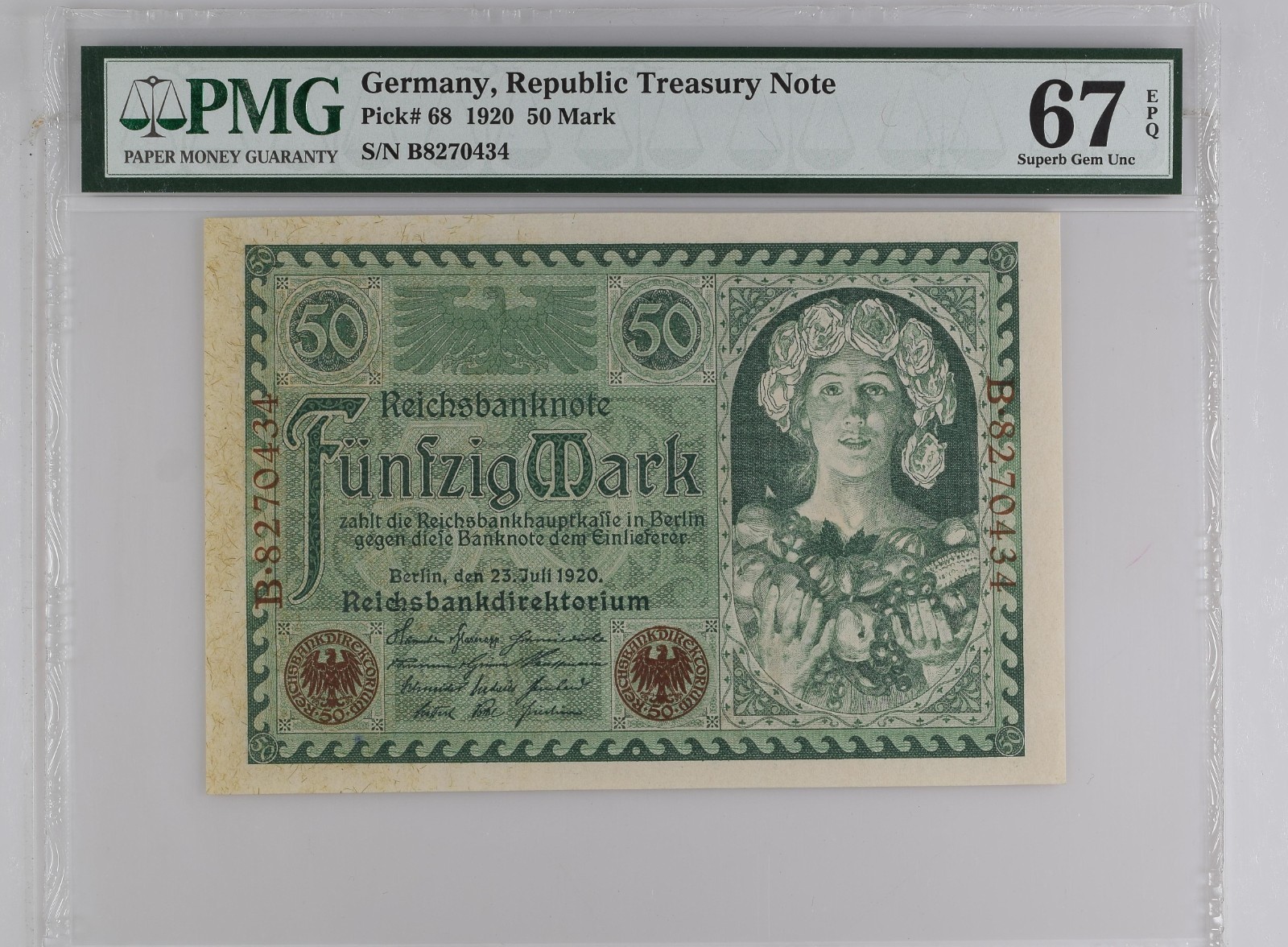 Republic Treasury Note Germany 50 Mark 1920 PMG 67 EPQ Pick# 68 Superb Gem Un