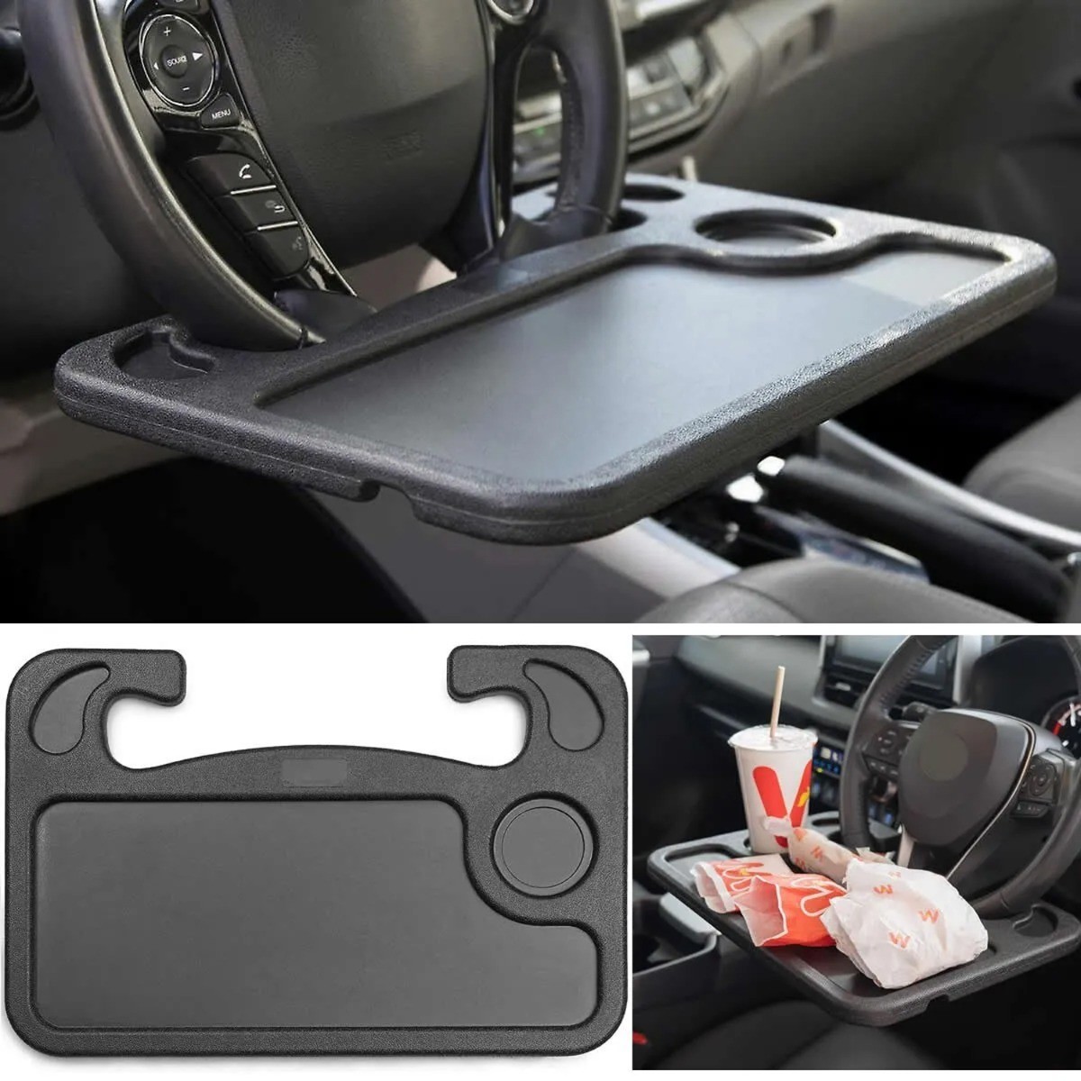 Multifunctional Car Steering Wheel Table Tray, Plastic, Black