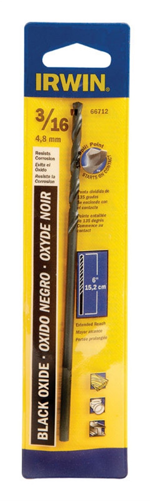 Irwin 66712 Aircraft Extension Steel Split Point Drill Bit 3/16 x 6 L in.
