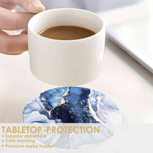 Drink Coasters with Holder 6 Pack, Ceramic Marble Style, Absorbent Navyblue