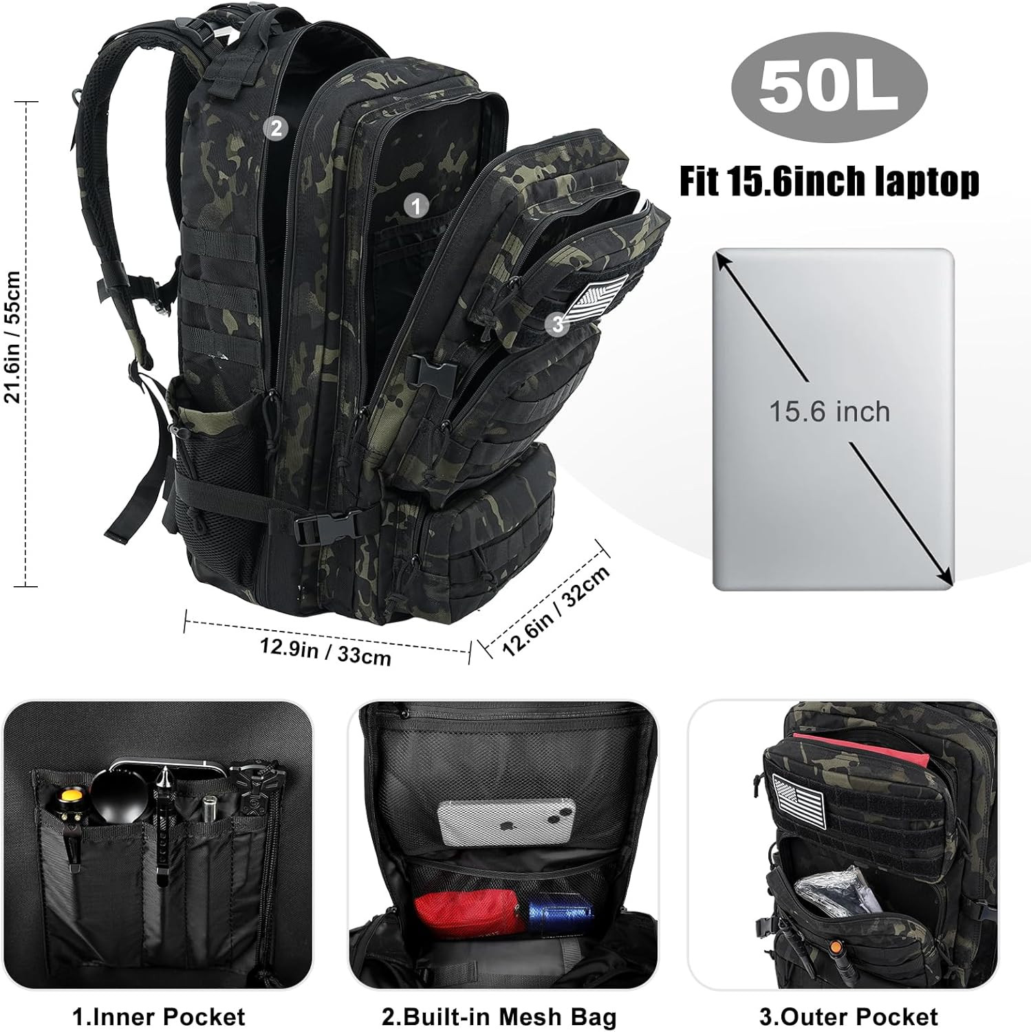 Military Tactical Backpack 50L Large Day Backpack for Men Molle Army 3 Days Assa
