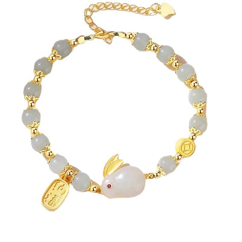 Women Lady Sterling S925 Silver Jade Rabbit Hotan Jade Adjustable Strap Bracelet
