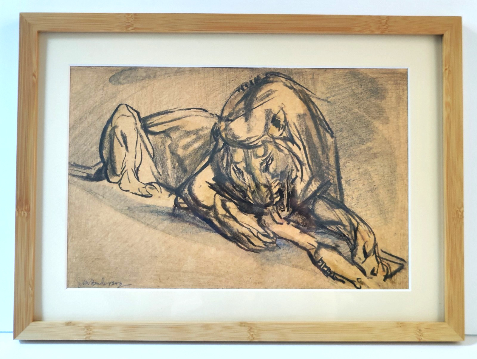 Elsie Henderson Charcoal Lioness Drawing on Paper London Zoo Wood Frame 10x14