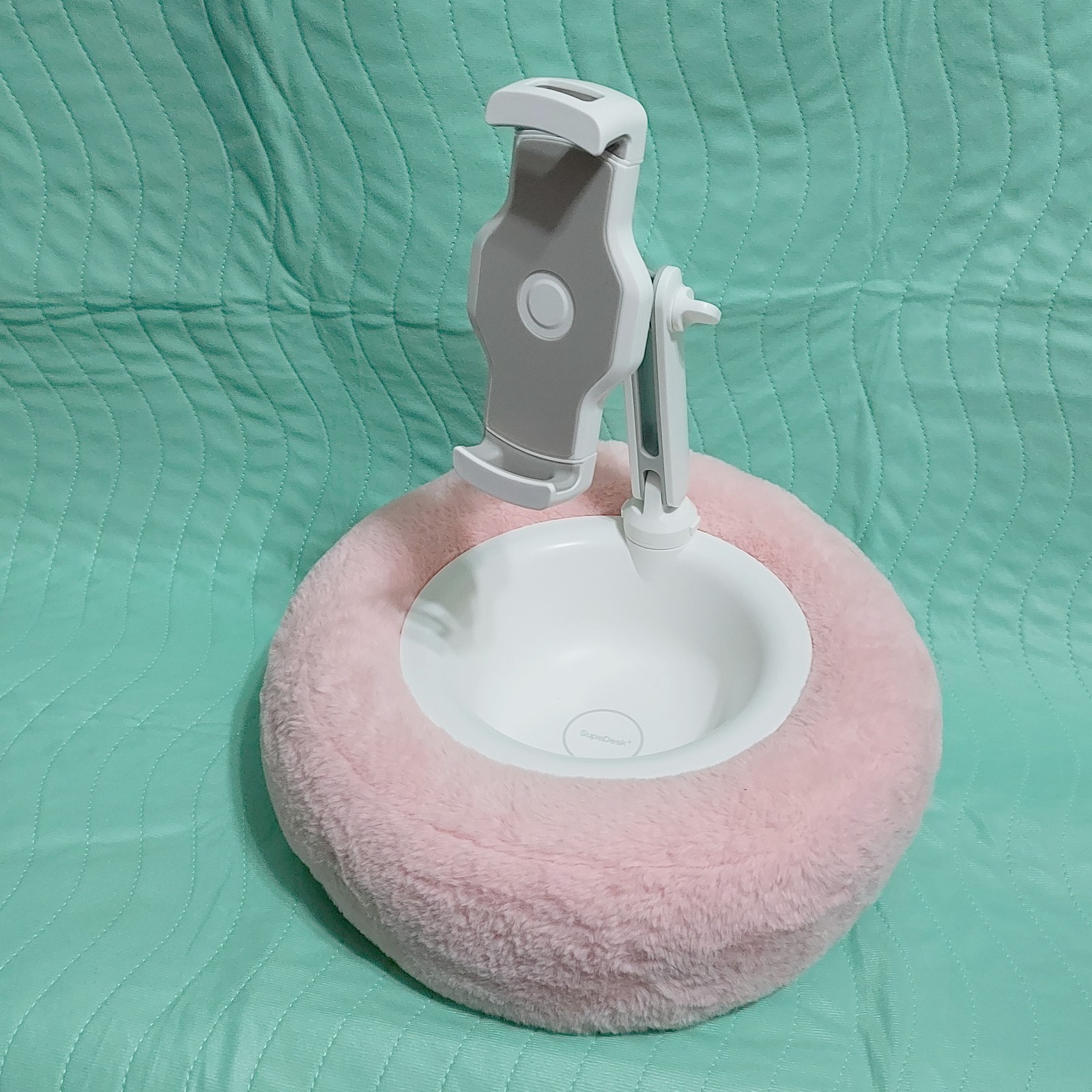 Pink and White SupeDesk Plush Pillow Lap Phone Stand Adjustable Arm