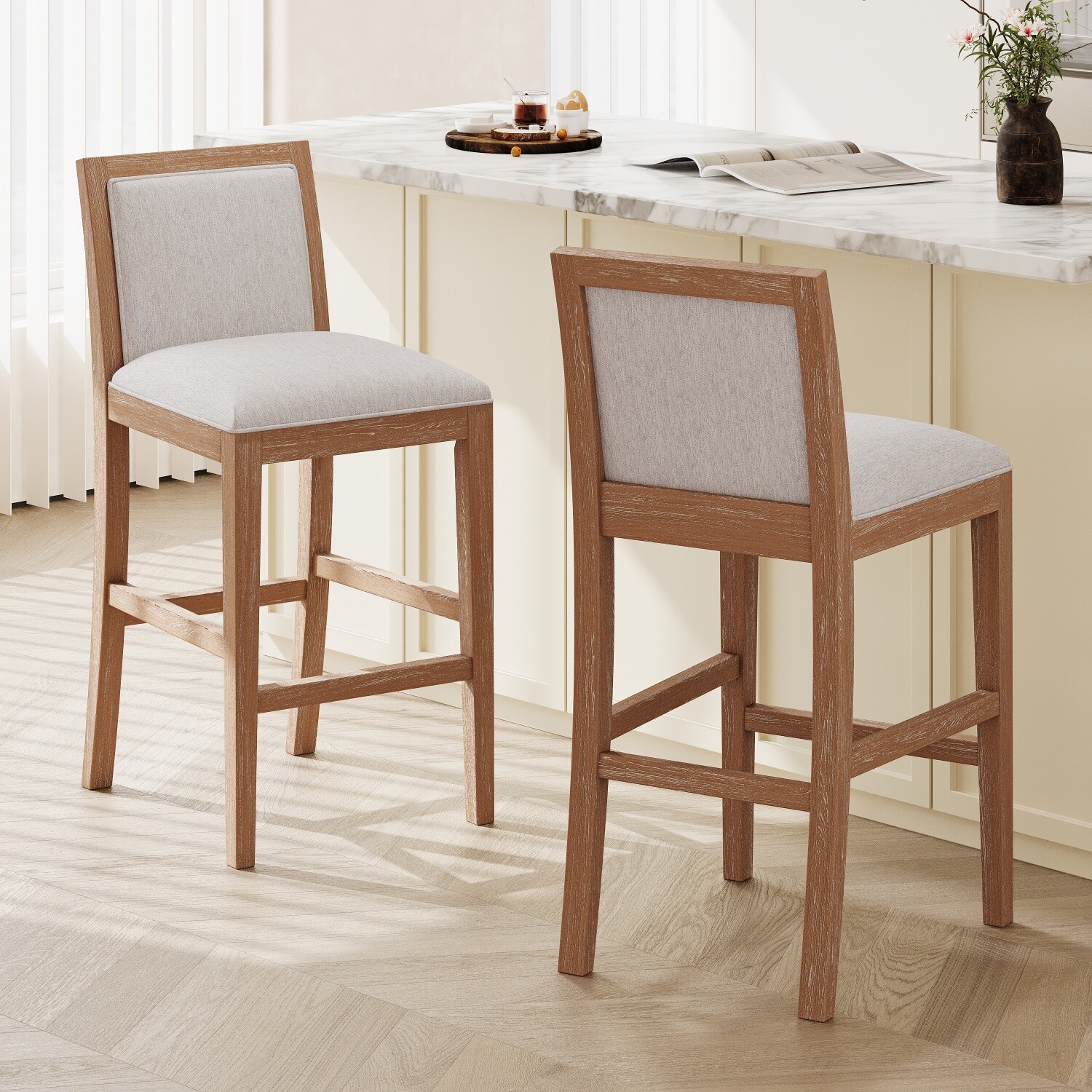 Set of 2 Wooden Bar Stools Upholstered Bar Chair Counter Height Dining Chairs