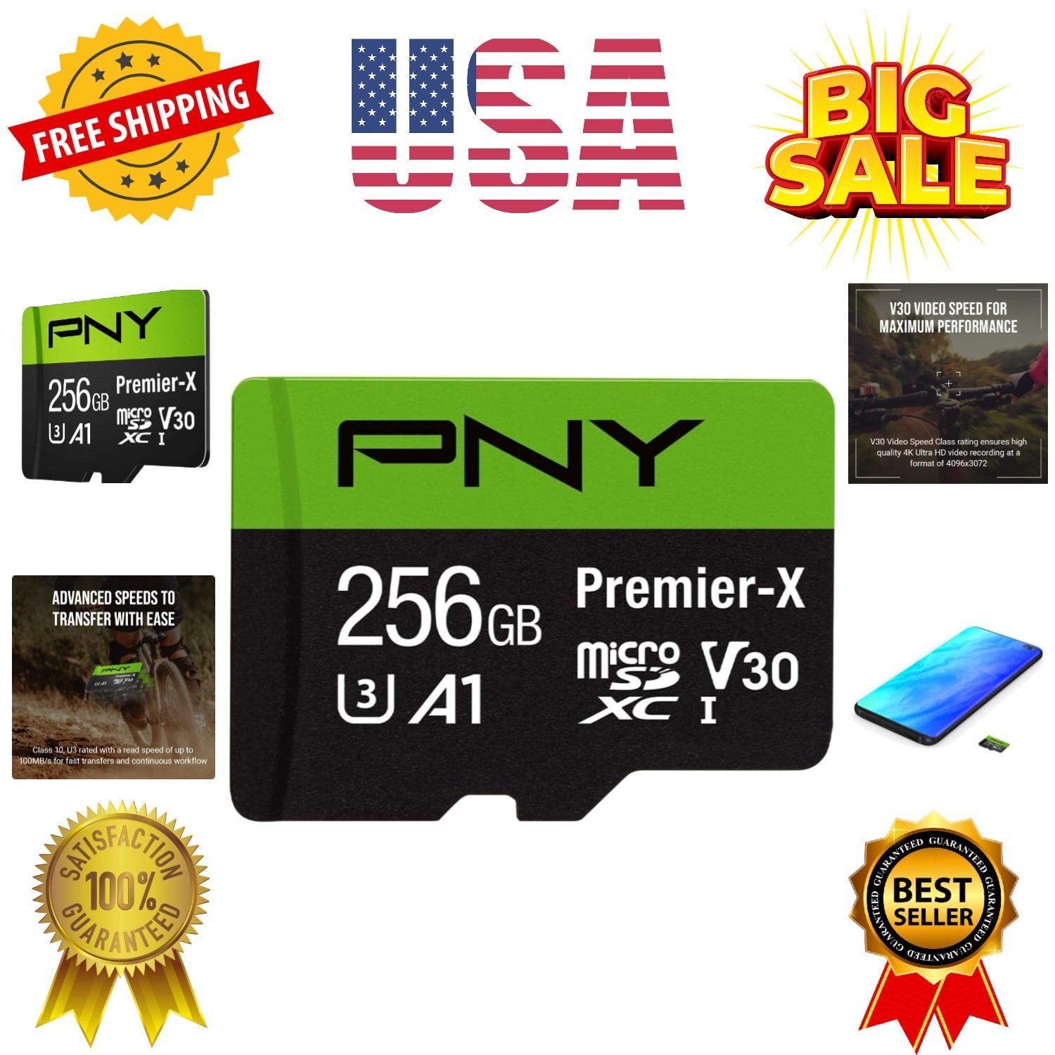 256GB Premier-X Class 10 U3 V30 microSDXC Flash Memory Card - 100MB/s, Class ...