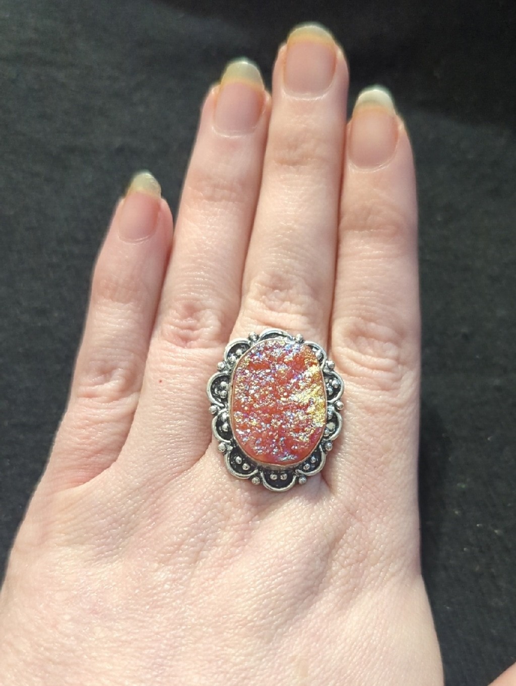 Silver Plated Peach Orange Quartz Druzy Gemstone Oval Statement Ring - Size 9