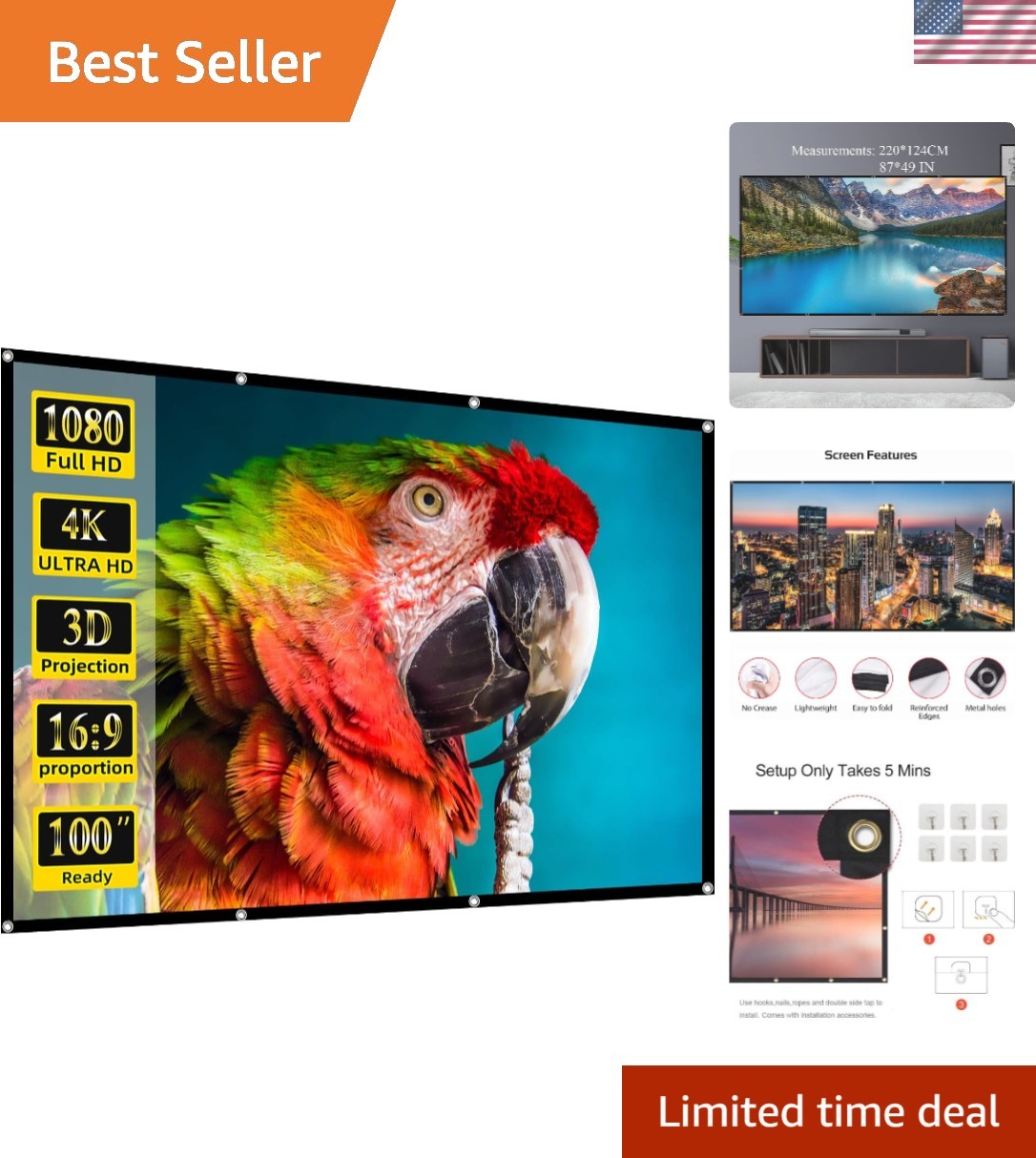 Projector Screen, 100 inch Movie Projector Screen16:9 Foldable Portable Proje...