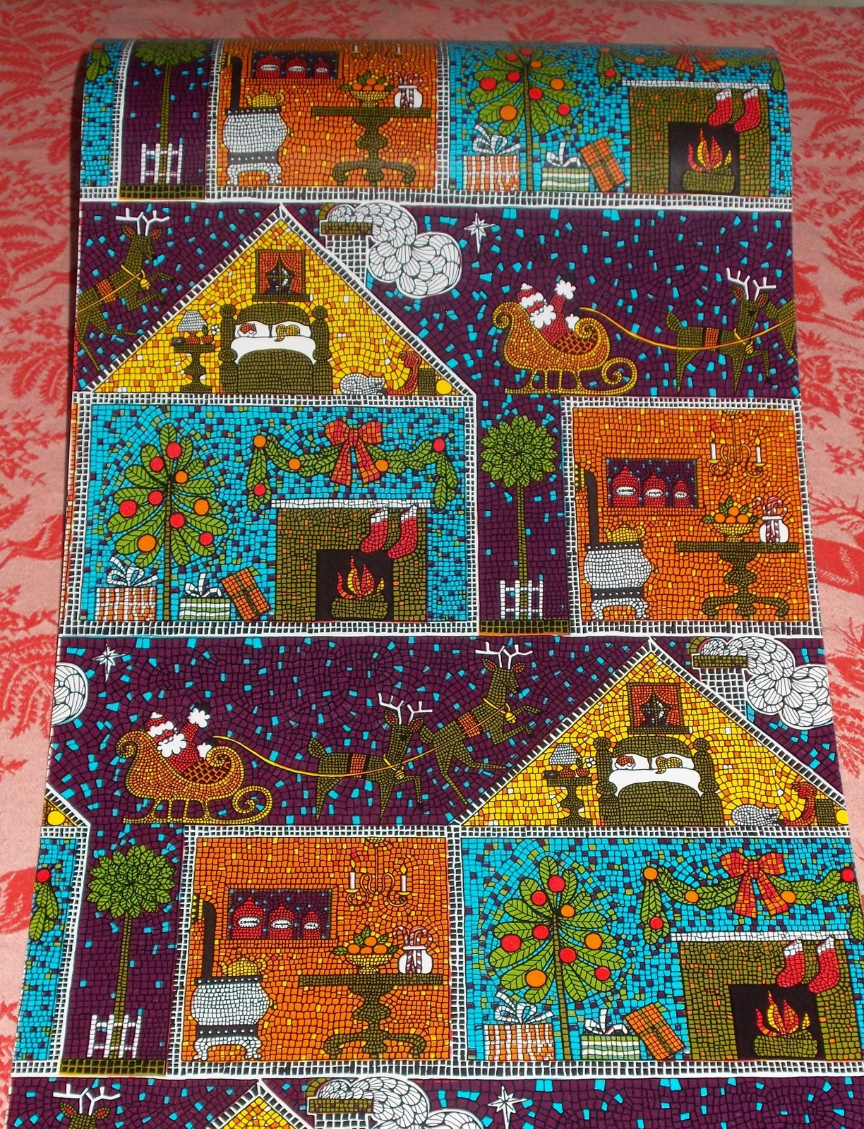VTG CHRISTMAS WRAPPING PAPER GIFT WRAP 2 YARDS TWAS THE NIGHT BEFORE MOSAIC