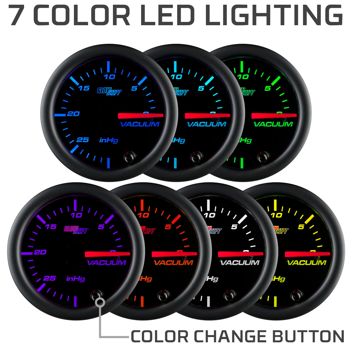 52mm GLOWSHIFT BLACK 7 COLOR LED VACUUM GAUGE METER