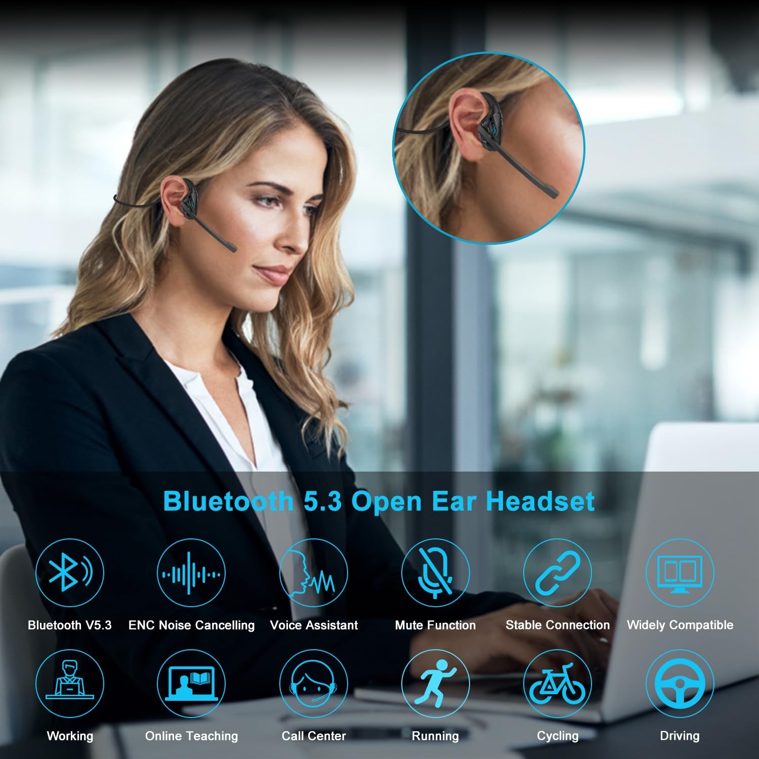 iDIGMALL Bluetooth 5.3 Headset w/Microphone Boom for Computer Phones PC, Open Ea