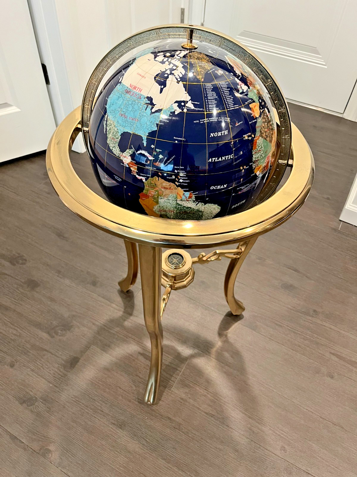 Gemstone Floor Base World Globe Semiprecious inlay polished brass stand vintage!