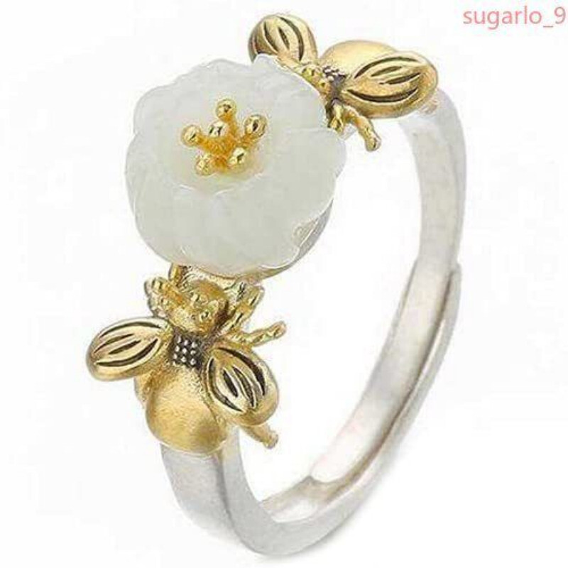 Chinese Natural Hetian Jade Magnolia Flower Opening Ring Retro Women Jewelry