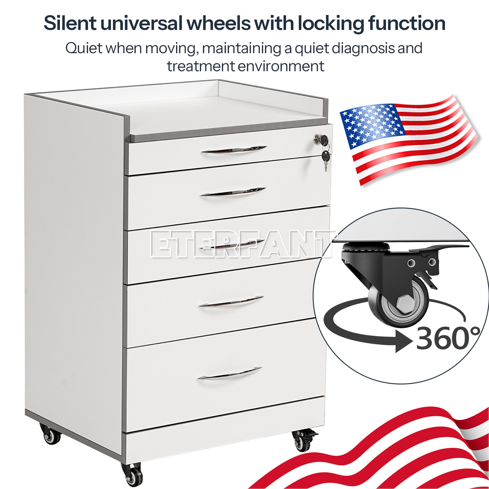 4 Drawers Dental Medical Trolley Cart Acrylic Mobile Wooden Cabinet Rolling Cart