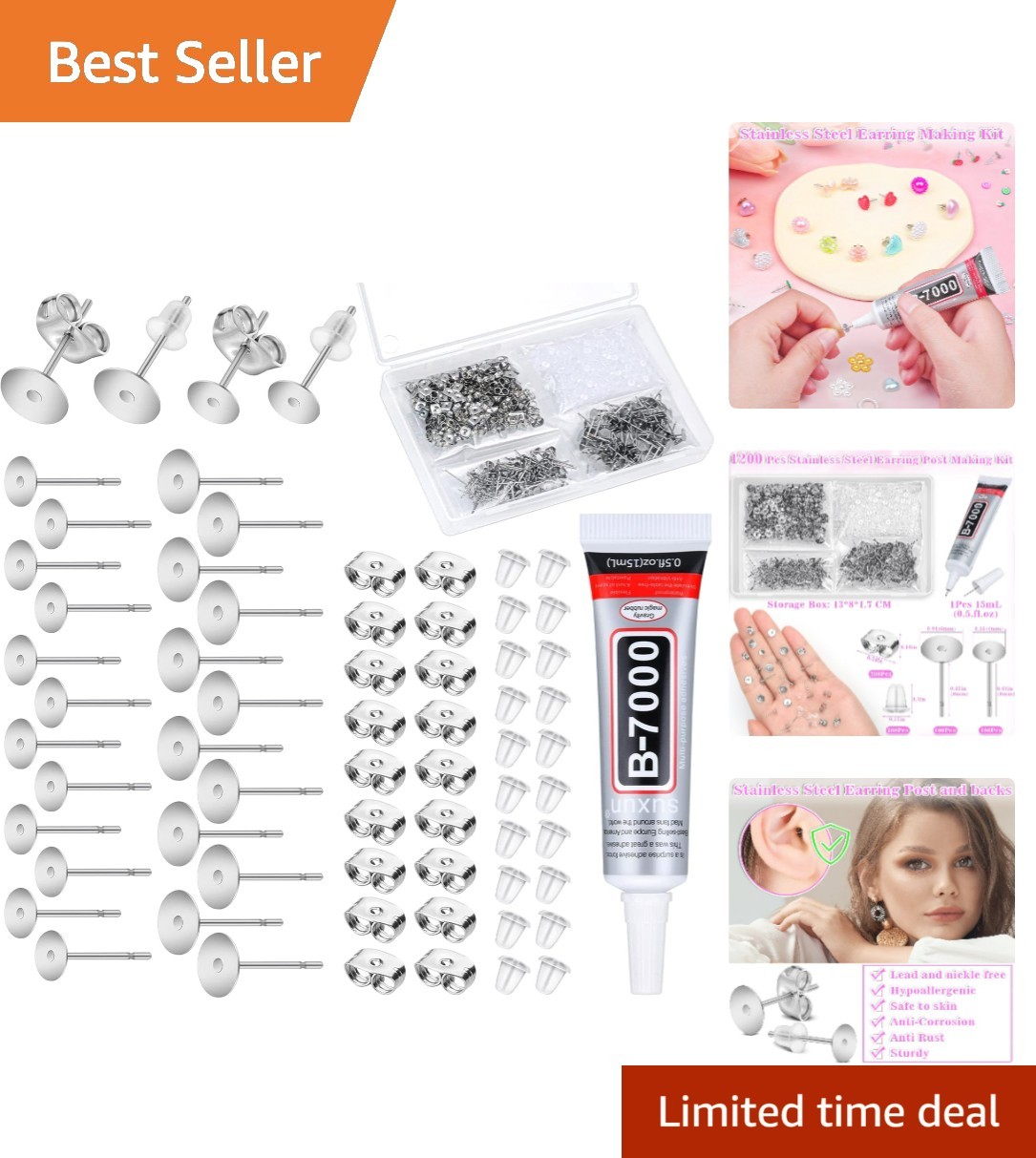 Jewelry Glue With 600pcs Stainless Steel Earring Posts and Backs - Hypoallerg...