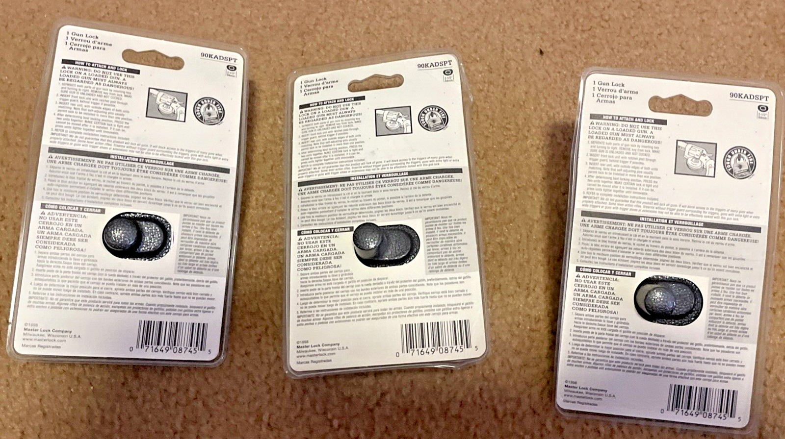 Lot of THREE (3) Master Lock 90KADSPT Keyed Trigger Gun Locks