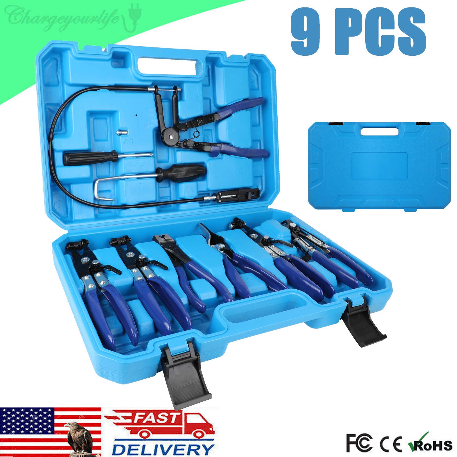 9pc Flexible Hose Clamp Clip Pliers Set Swivel Jaw Flat Angled Band Remover Tool