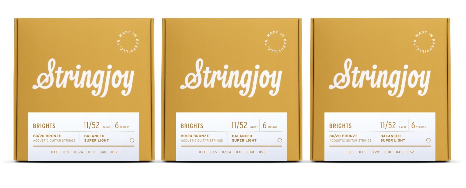 Stringjoy BB1152 Brights Acoustic Guitar String Set 80/20 Bronze 11-52 (3-Pack)