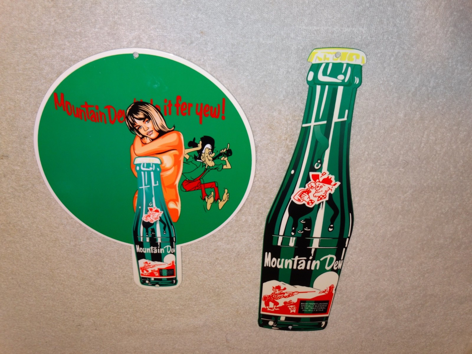 VINTAGE MOUNTAIN DEW HILLBILLY SIGN LOT OF 2 METAL SODA GASOLINE OIL ADVERTISING
