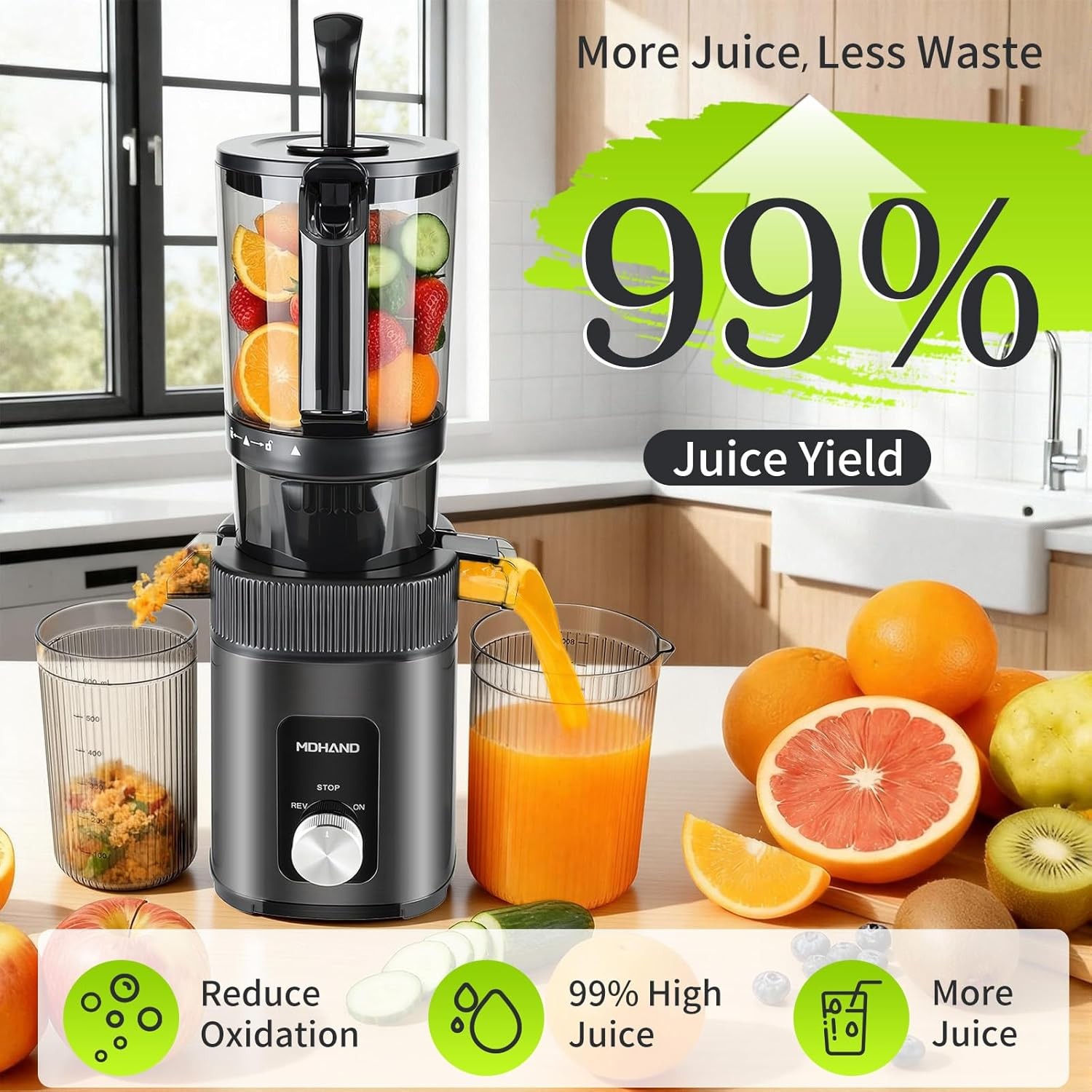 Cold Press Masticating Juicer Machine 4.35" Wide Chute Quiet Juicer Easy Clean