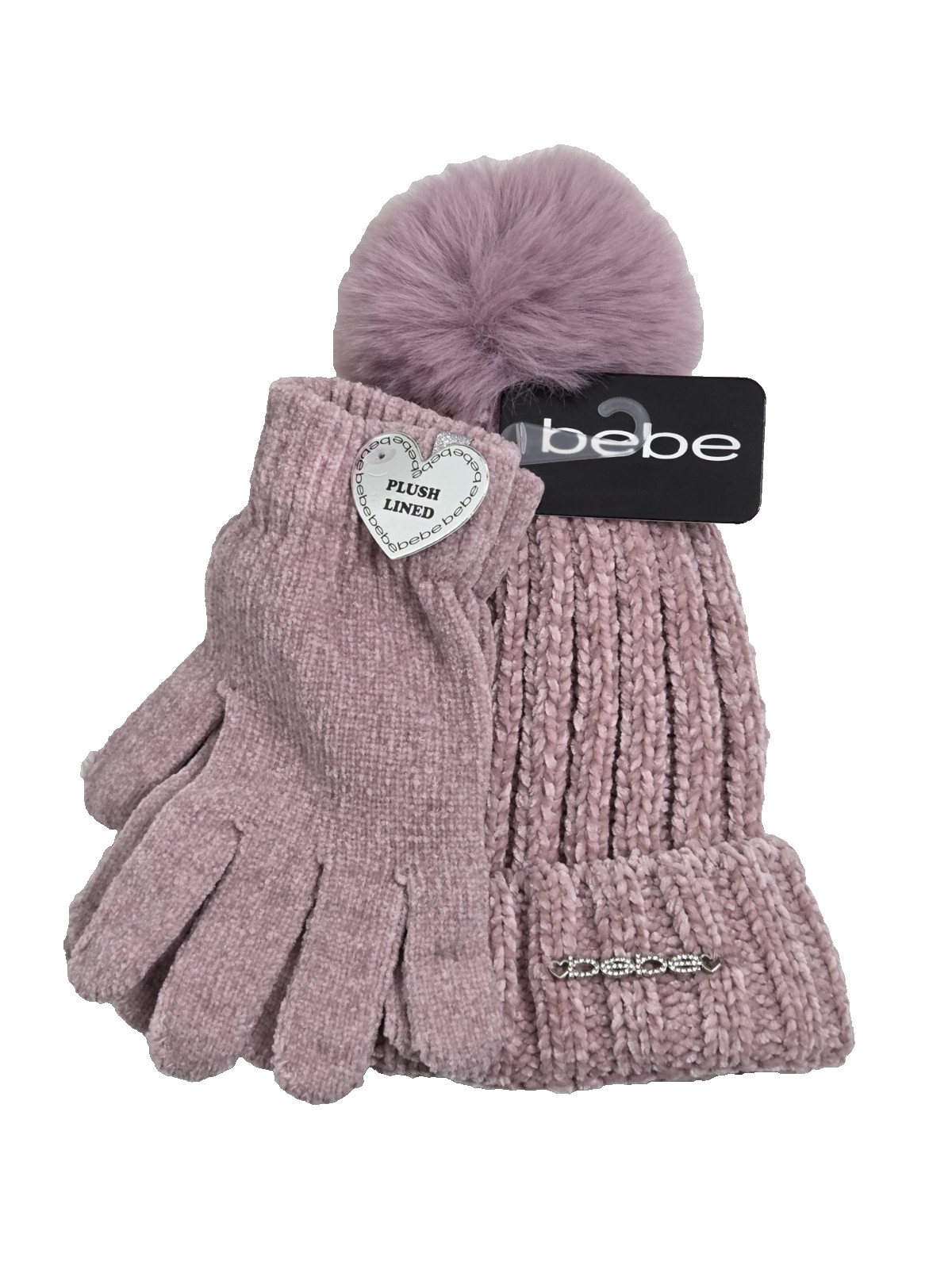 Bebe 2 Pc Lined Pink Pom Pom Beanie and Glove Gift Set NEW