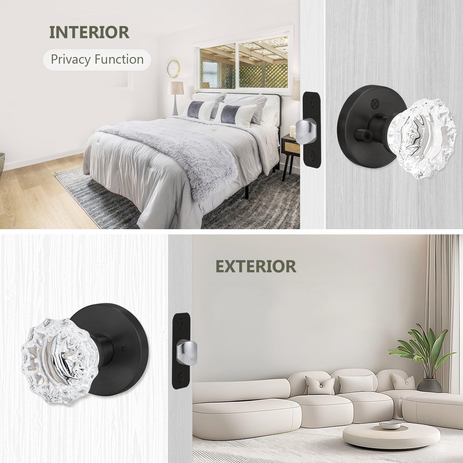 Solid Crystal Glass Door Knobs (Black, Privacy) | Vintage Round Interior Door...