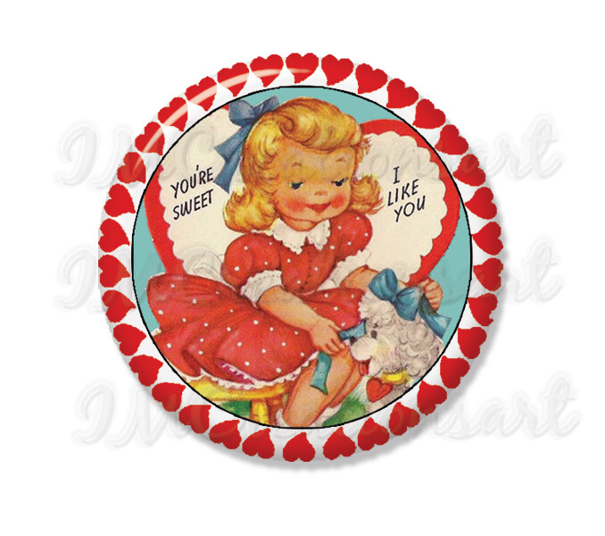 Sweet Retro Valentine's Day Girl with Poodle Pocket Mirror, Magnet, or Pin 2.25"