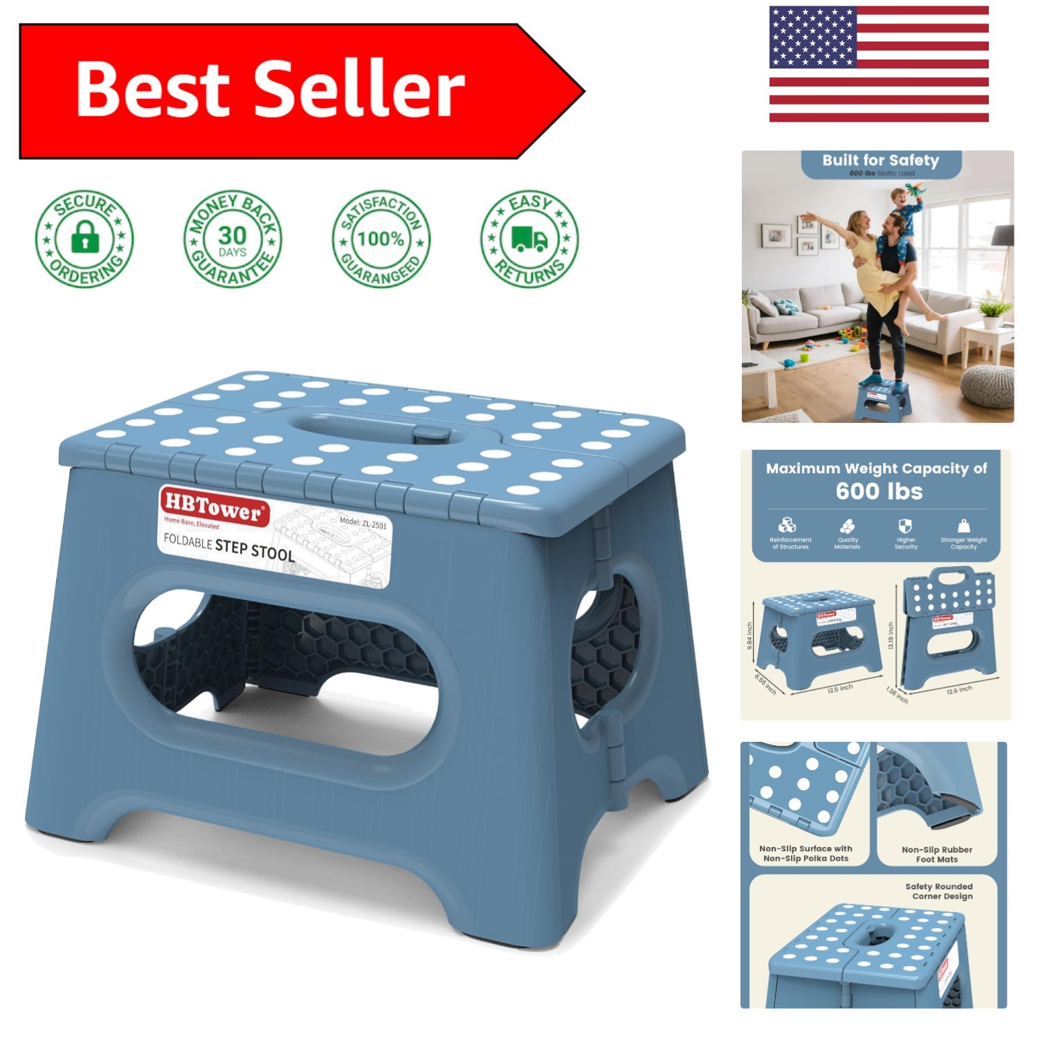 Compact Non-Slip Folding Step Stool for Kids & Adults - 600 lb Capacity, Blue