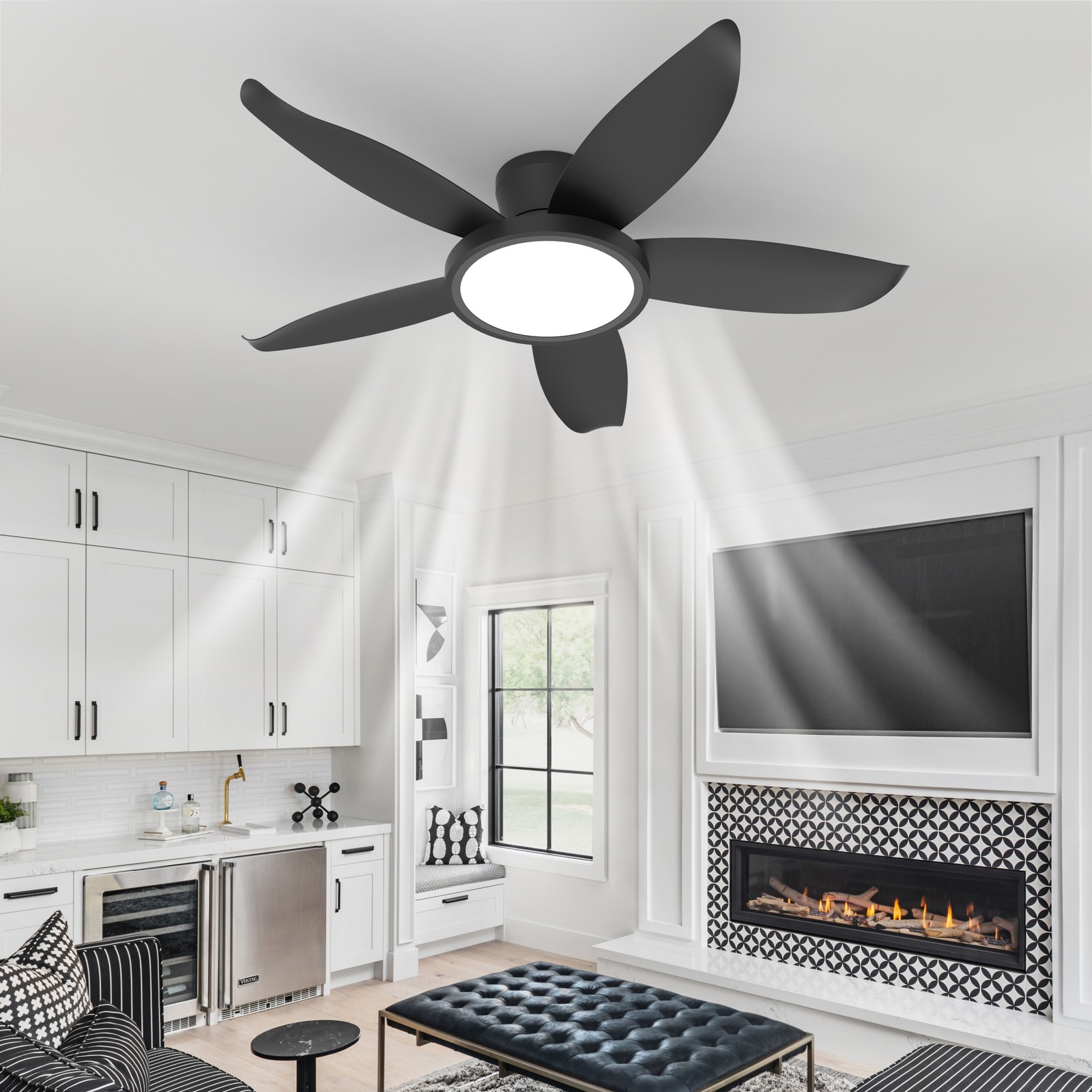 42" Low Profile Black Ceiling Fans with LED Light Flush Mount Remote APP Control