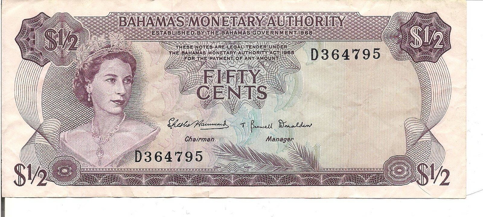 BAHAMAS, $1 / 2, QEII, P#26a, L. 1968
