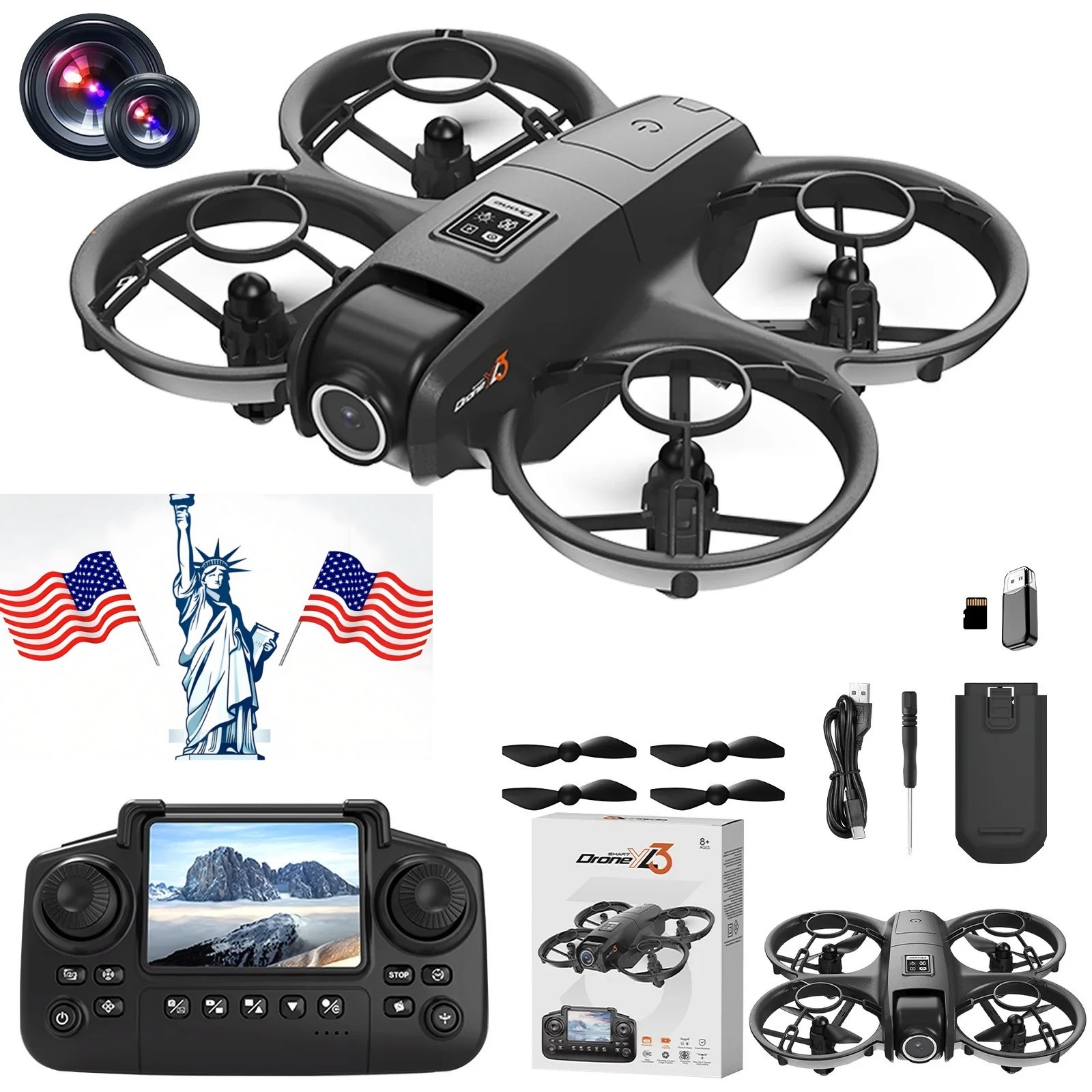 Mini Drone With HD Dual Cameras Propeller Safety Protection, 3 Speed Adjustable