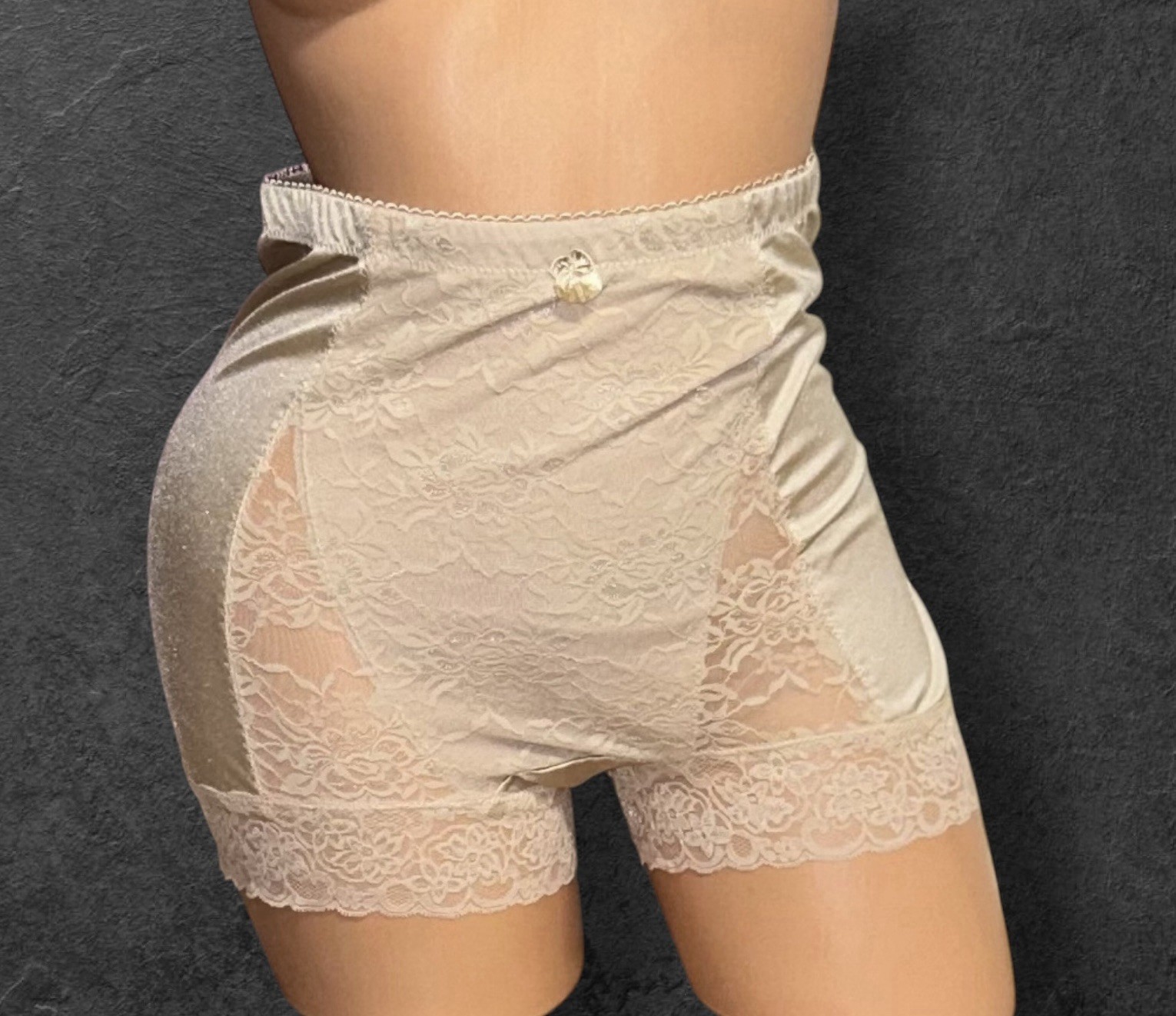 Rhonda Shear Beige Shiny Satin Sheer Lace Overlay Girdle Control Panties L