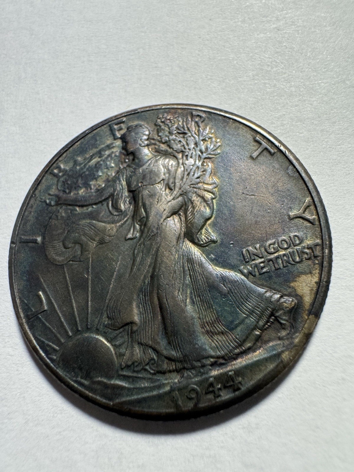1944 Walking Liberty Half Dollar AU ++ : Monster Rainbow Tone - .9 Fine Silver