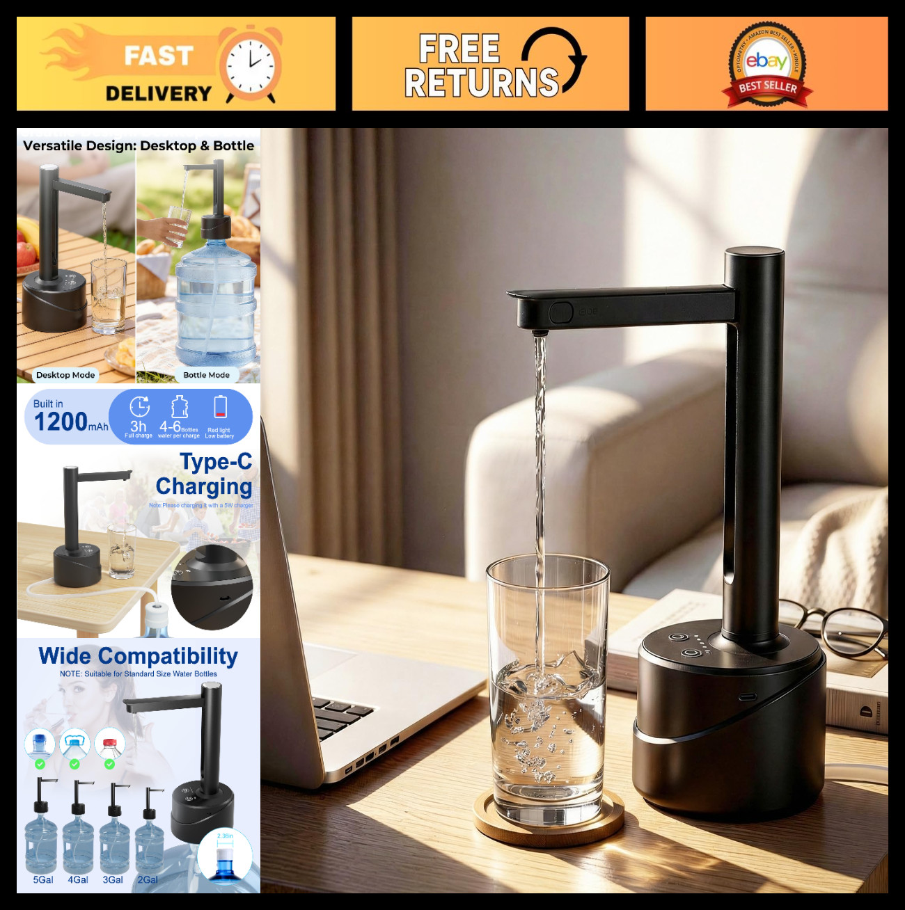 5 Gallon Electric Water Bottle Dispenser - USB Type-C, Automatic Pump for Campin