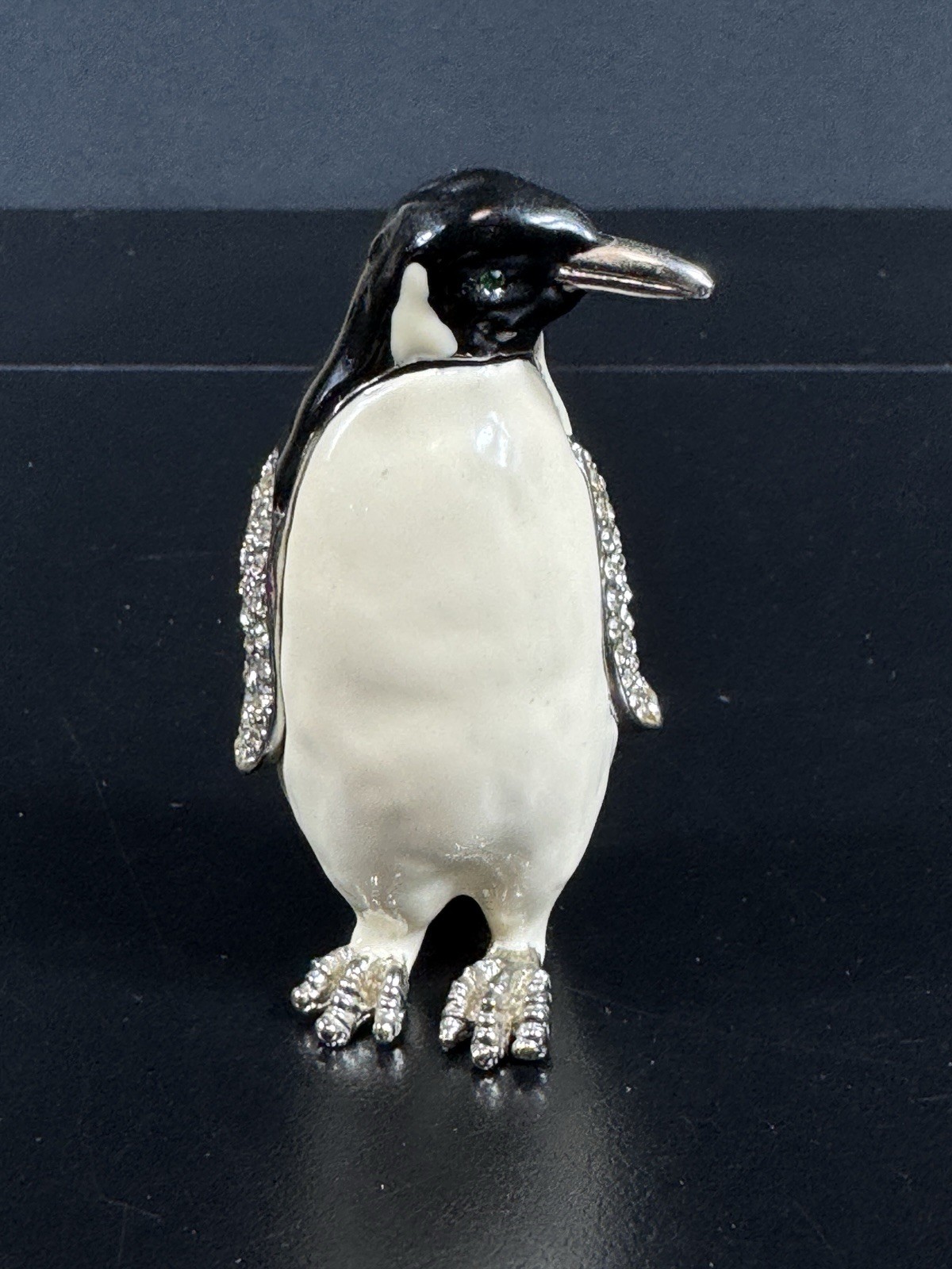 Penguin Trinket Box Enameled Metal Rhinestone Hinged Collectible