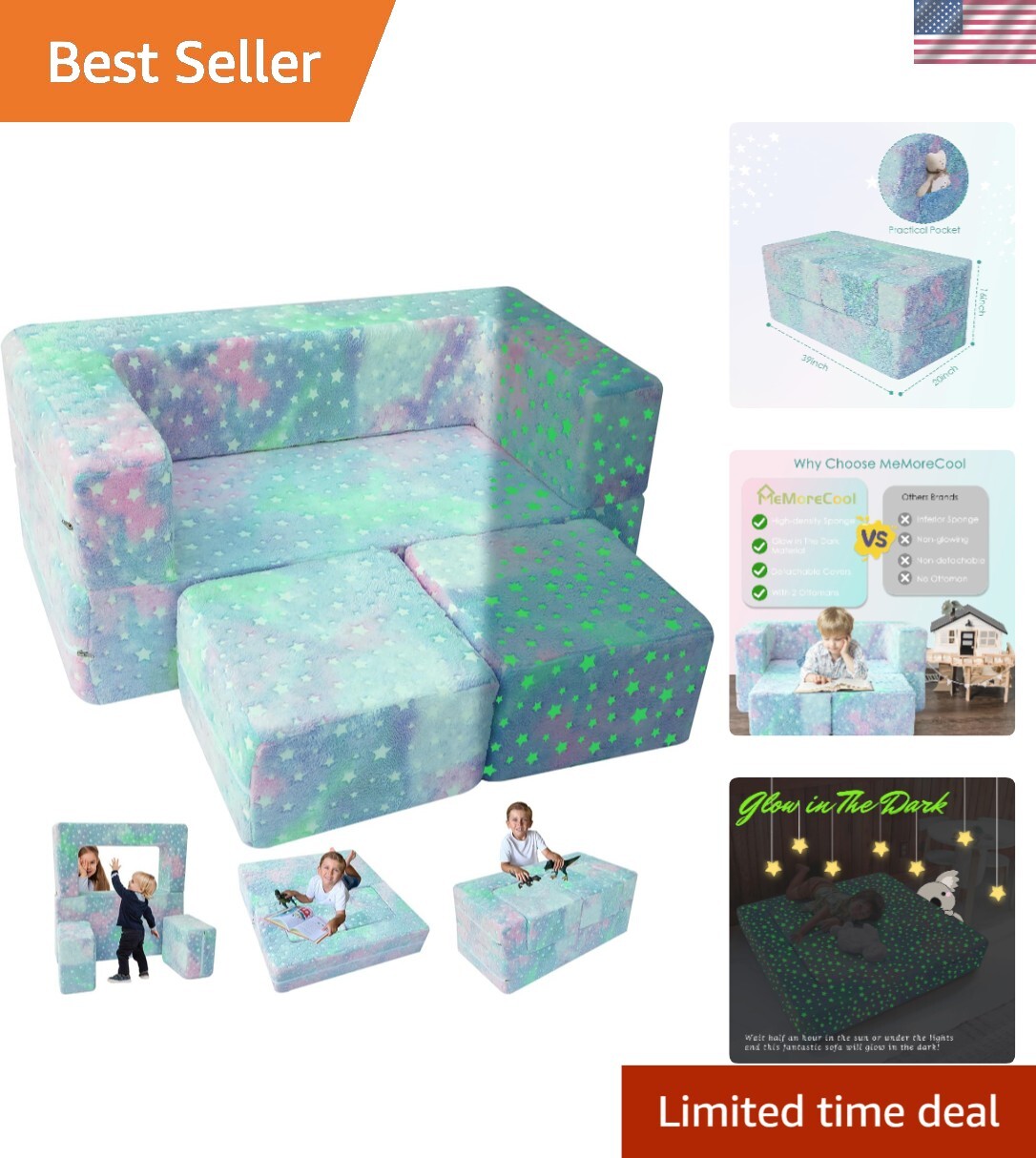 Colorful Star Glow-in-the-Dark Kids Couch - Safe and Versatile Play Furniture