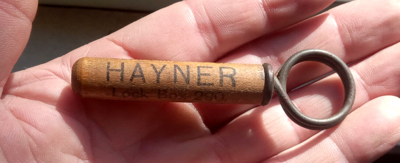 COMPLIMENTS OF HAYNER LOCK BOX 290 EARLY 1900 WHISKEY ADVERTING CORKSCREW