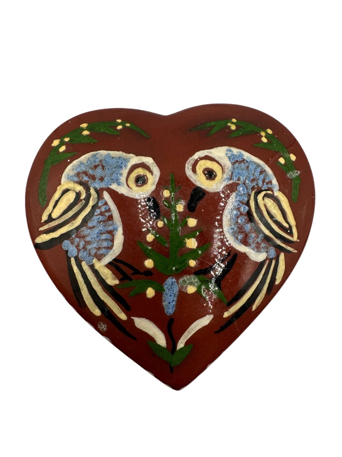 Hand-Painted Heart-Shaped Ceramic Trinket Box With Parrot Design