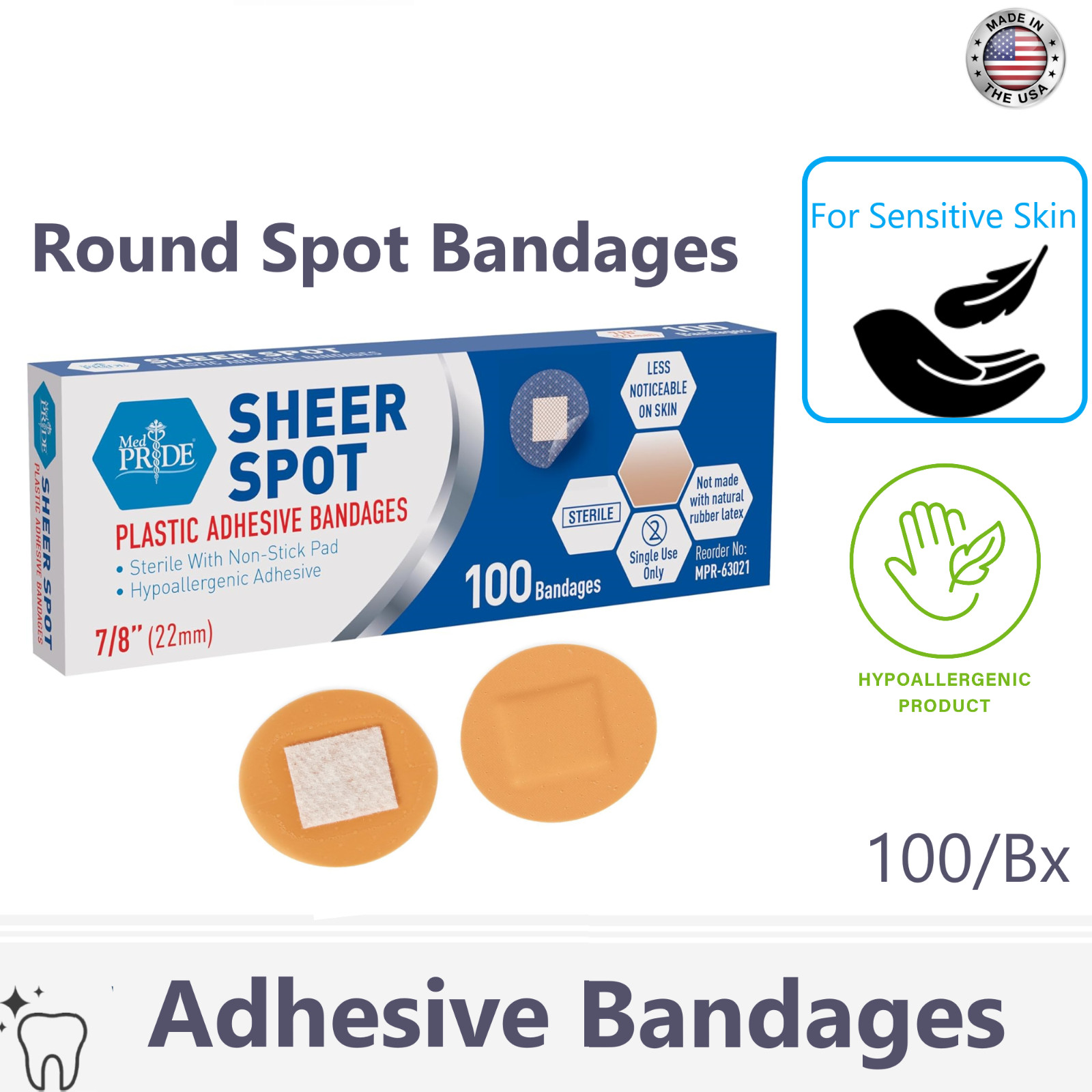 100 x Round Spot Bnadages Band Aid Sterile Small Round Bandage Latex Free USA