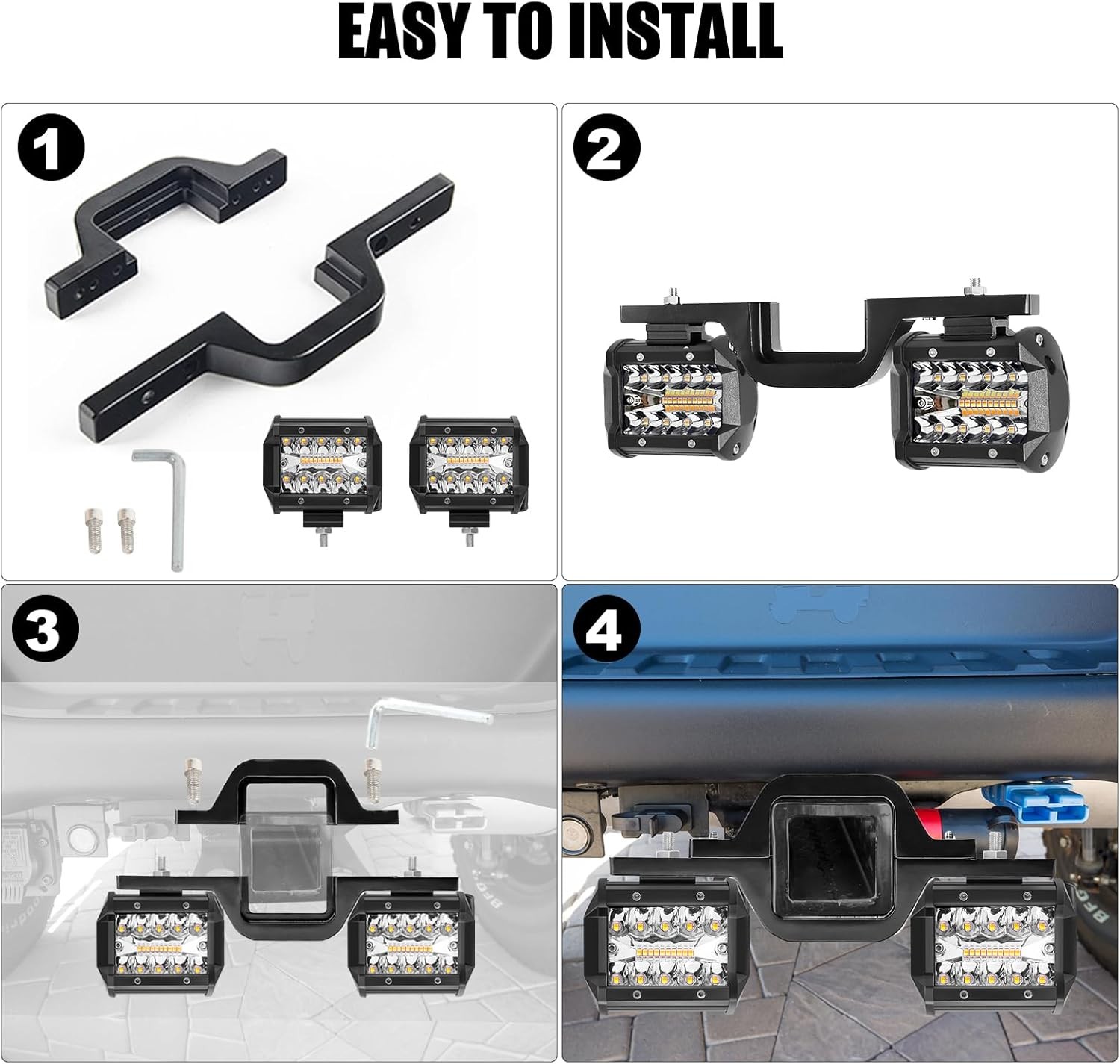 Trailer Tow Hitch Mounting Bracket + 4" inch LED Work Light Backup Reverse Truck