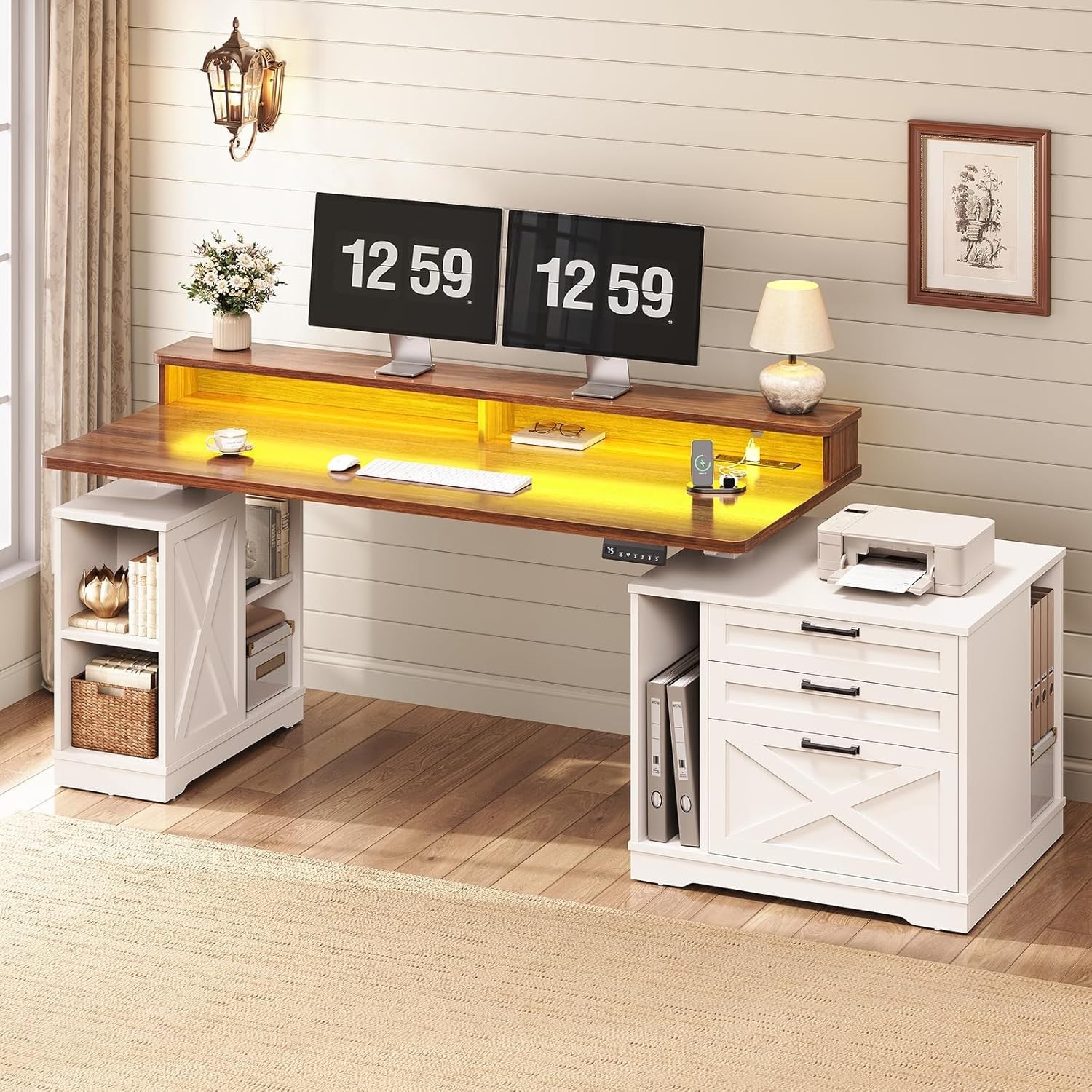 Farmhouse Electric Standing Desk, Computer Desk with 3 Drawers & Storage Shelves